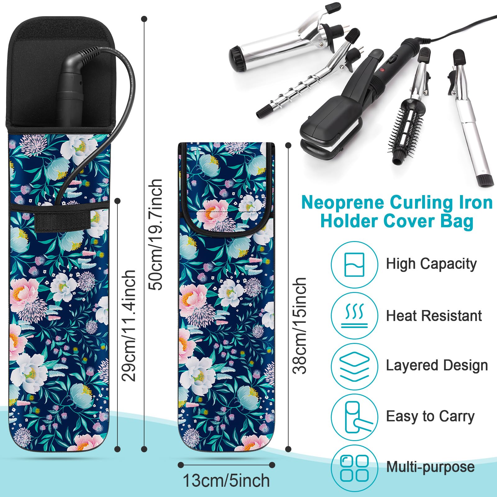 **Shappy 2-Piece Heat-Resistant Curling Iron Travel Case & Flat Iron Holder - Neoprene Sleeve & Silicone Hot Tools Bag for Straighteners (Flower Style) - Perfect for Travel, Salon & Home Use**