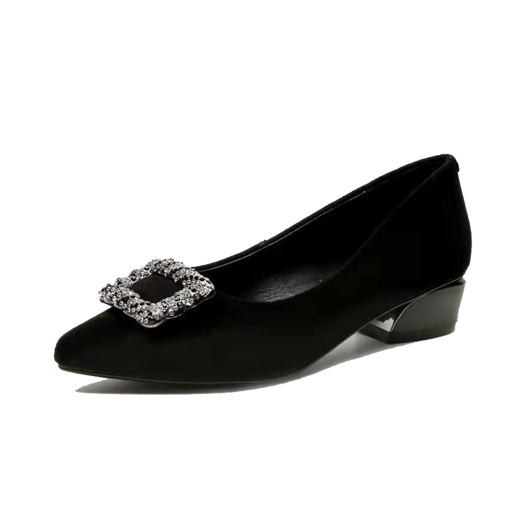 QSCQ Women's Slip On Rhinestone Pumps - Breathable Faux Suede Pointed Toe Low Heel Dress Shoes for Work, Party & Wedding | Comfortable Walking Shoes for Women