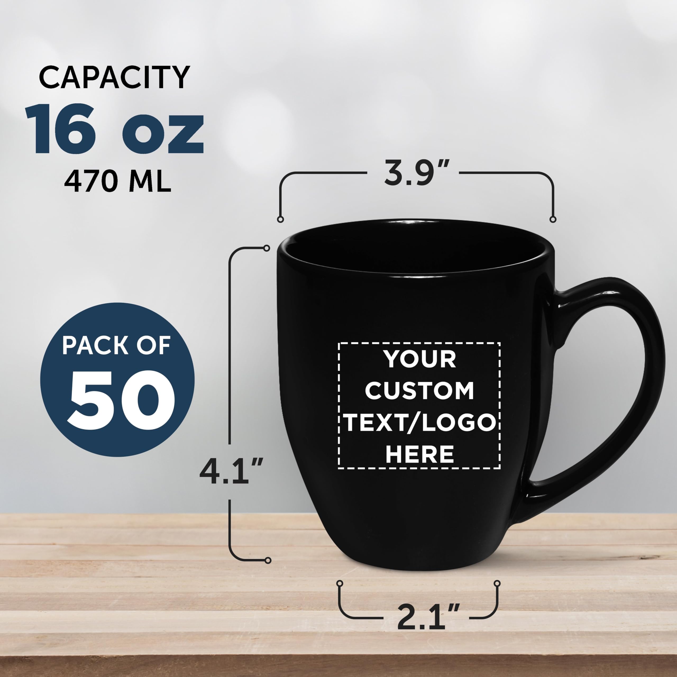 Custom 16 oz Large Coffee Cups - Bulk Pack of 50 Personalized Black Mugs - Perfect for Tea, Espresso, Cappuccino & Hot Cocoa - Ideal for Cafes, Offices & Home Use