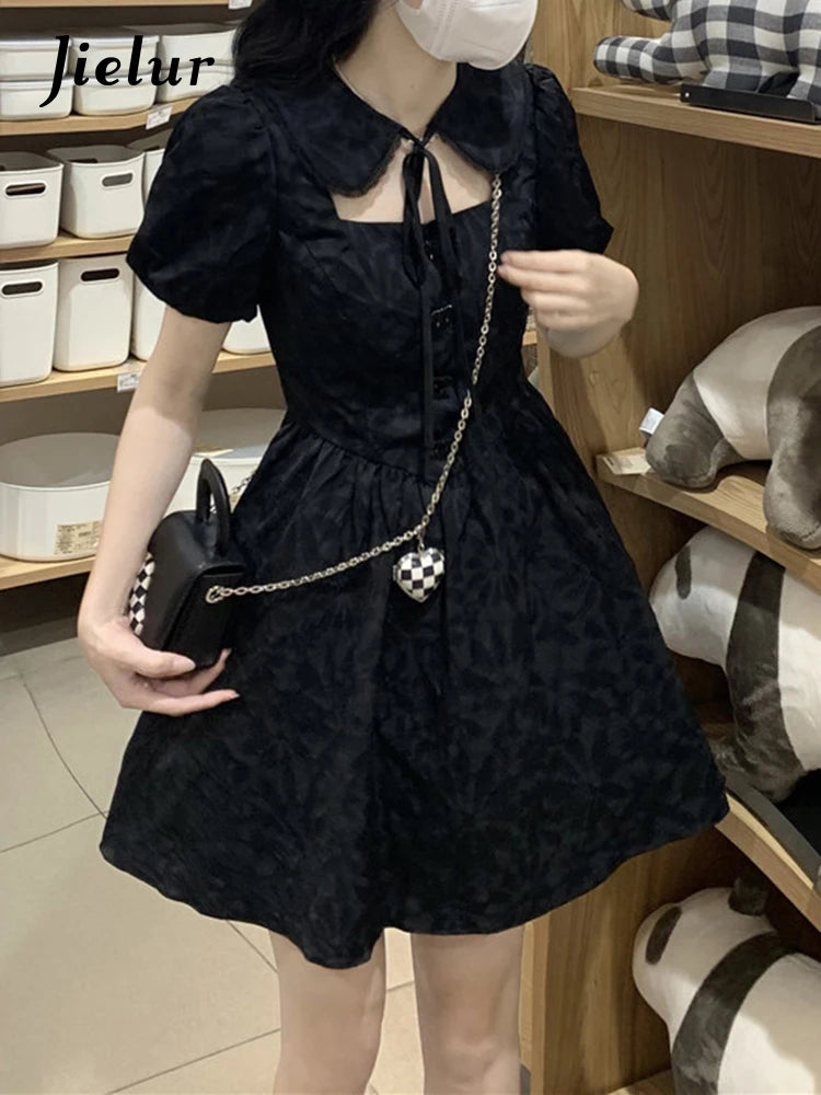 Elegant Black French Hollow Out Slim Women's Dress - High Street Puff Sleeve Pleated Solid Color Evening Gown | Perfect for Cocktail Parties, Date Nights & Formal Events