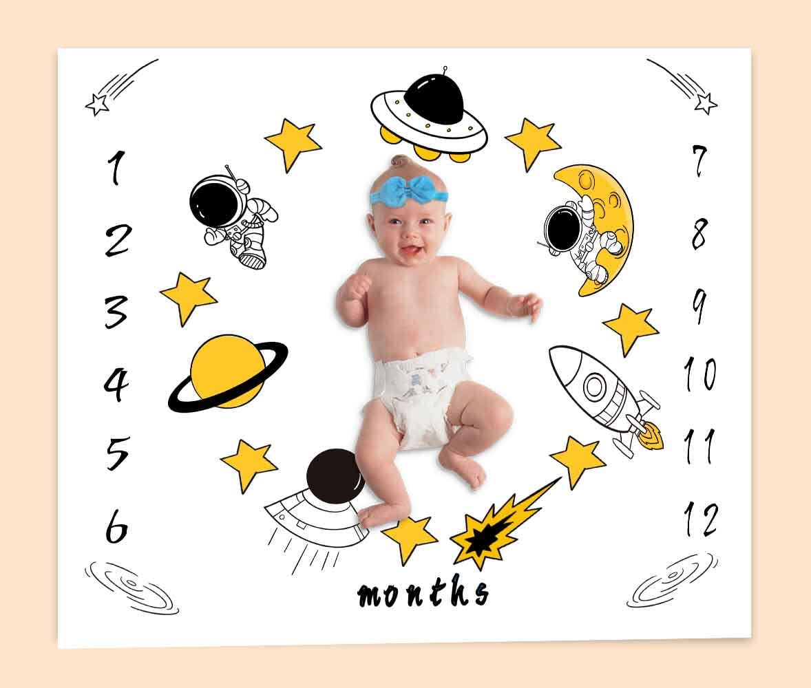 PHMOJEN 48x40 Inch Baby Monthly Milestone Blanket - Neutral Star Moon Astronaut Design for Newborn Photography, Growth Tracking & Nursery Decor | Perfect for 1st Birthday, Monthly Photos & Baby Shower Gifts