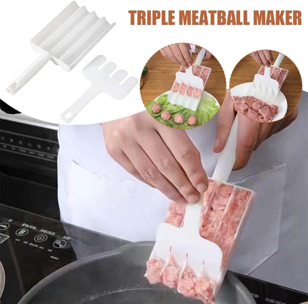 White Creative Kitchen Triple Meatball Maker - Non-Stick Meatball Scoop with Cutting Spade & Melon Baller | Perfect for Making Meatballs, Cookie Dough Balls & Fruit Scooping | Ideal for Home Cooking, Meal Prep & Party Food Preparation