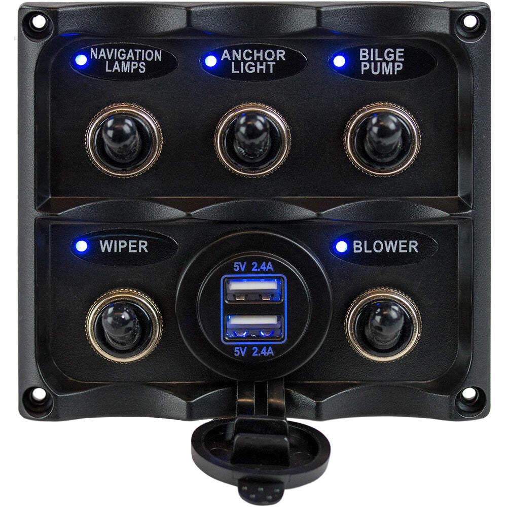 Sea-Dog Water Resistant Toggle Switch Panel with USB Power Socket - 5 Toggle Marine Grade Switches for Boats, RVs & Off-Road Vehicles | Waterproof Electrical Control Panel for Marine & Automotive Use