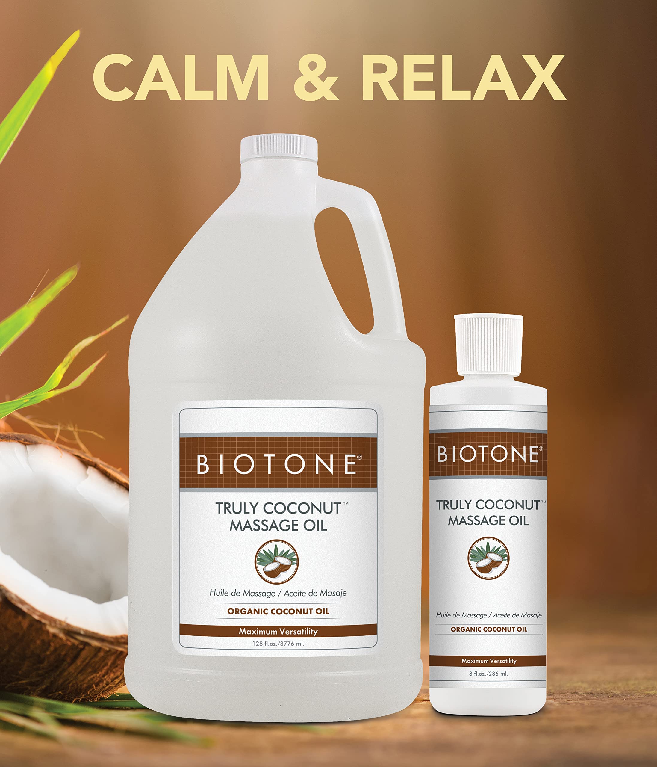 BIOTONE Truly Coconut Massage Oil with Organic Coconut Oil - Deep Relaxation & Tension Relief, Lightweight & Long-Lasting Formula for Massage Therapy, Aromatherapy & Body Care - Easy Wash-Out for Spa, Home & Professional Use