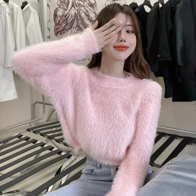 Women's Round Neck Long Sleeve Knitted Velvet Sweater - Soft Winter Pullover for Casual Outfits & Office Wear