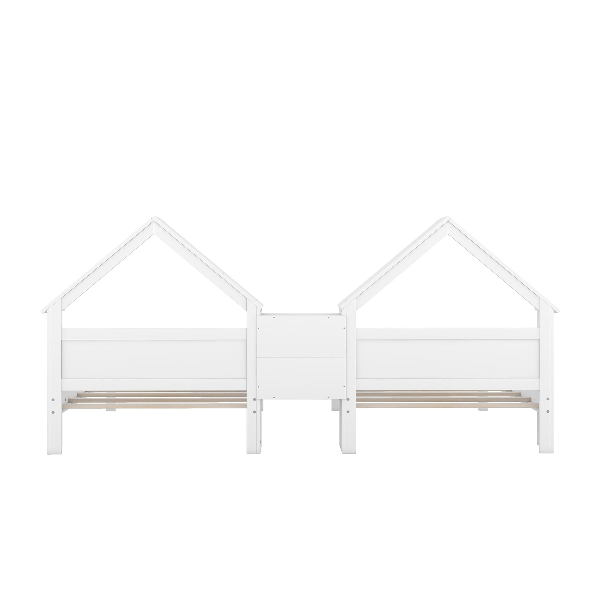 Harper & Bright Designs White Wooden Double Twin Bed Frame for Kids - House-Shaped Headboard with Built-in Nightstand, Side by Side Montessori Bunk Bed for Boys & Girls - Perfect for Shared Kids' Rooms & Small Spaces