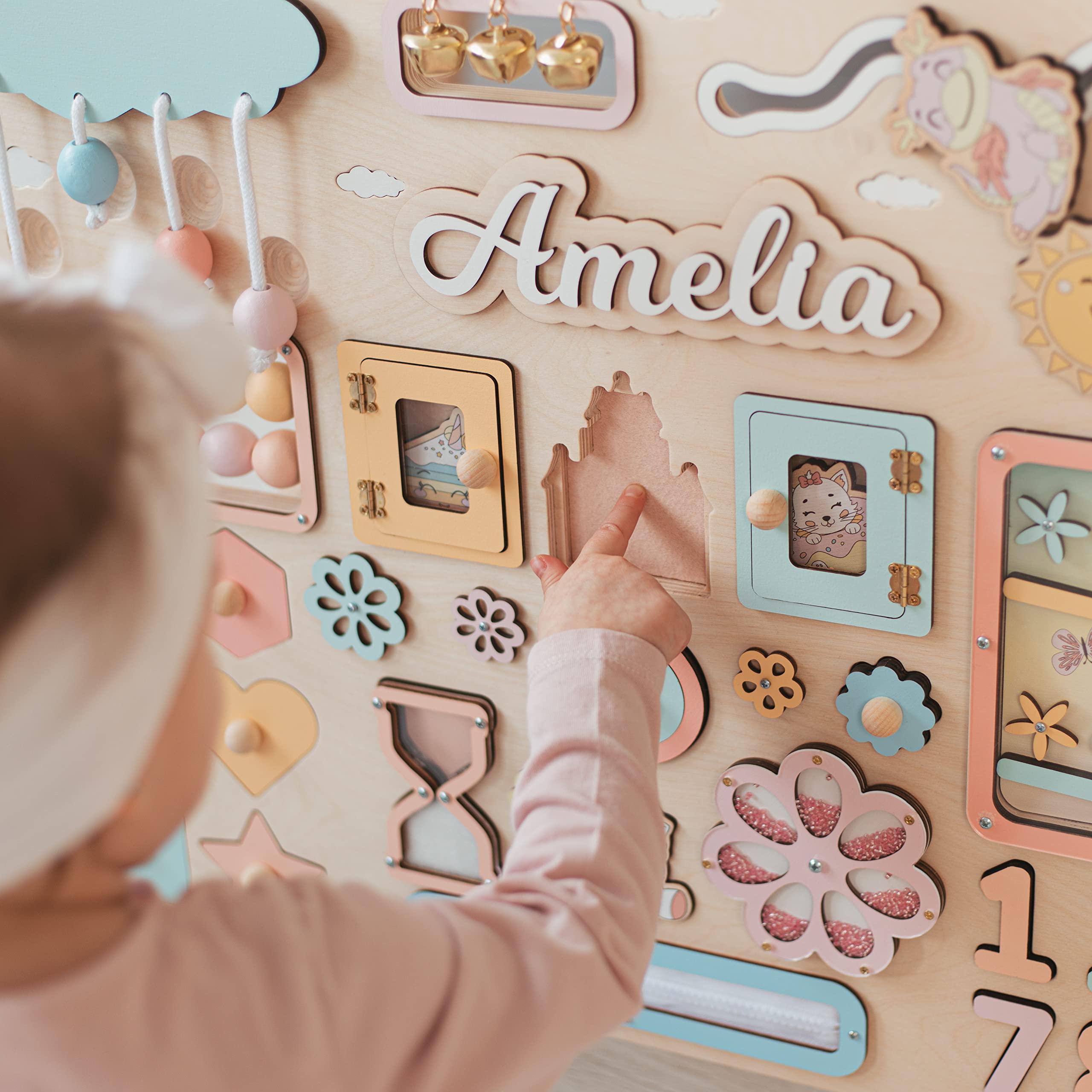 Custom Personalized Busy Board for Toddlers - Montessori Wooden Sensory Toy for 2 Year Old Girls & Boys - Best Birthday & Easter Gift for Kids - Perfect for Early Learning & Travel Entertainment