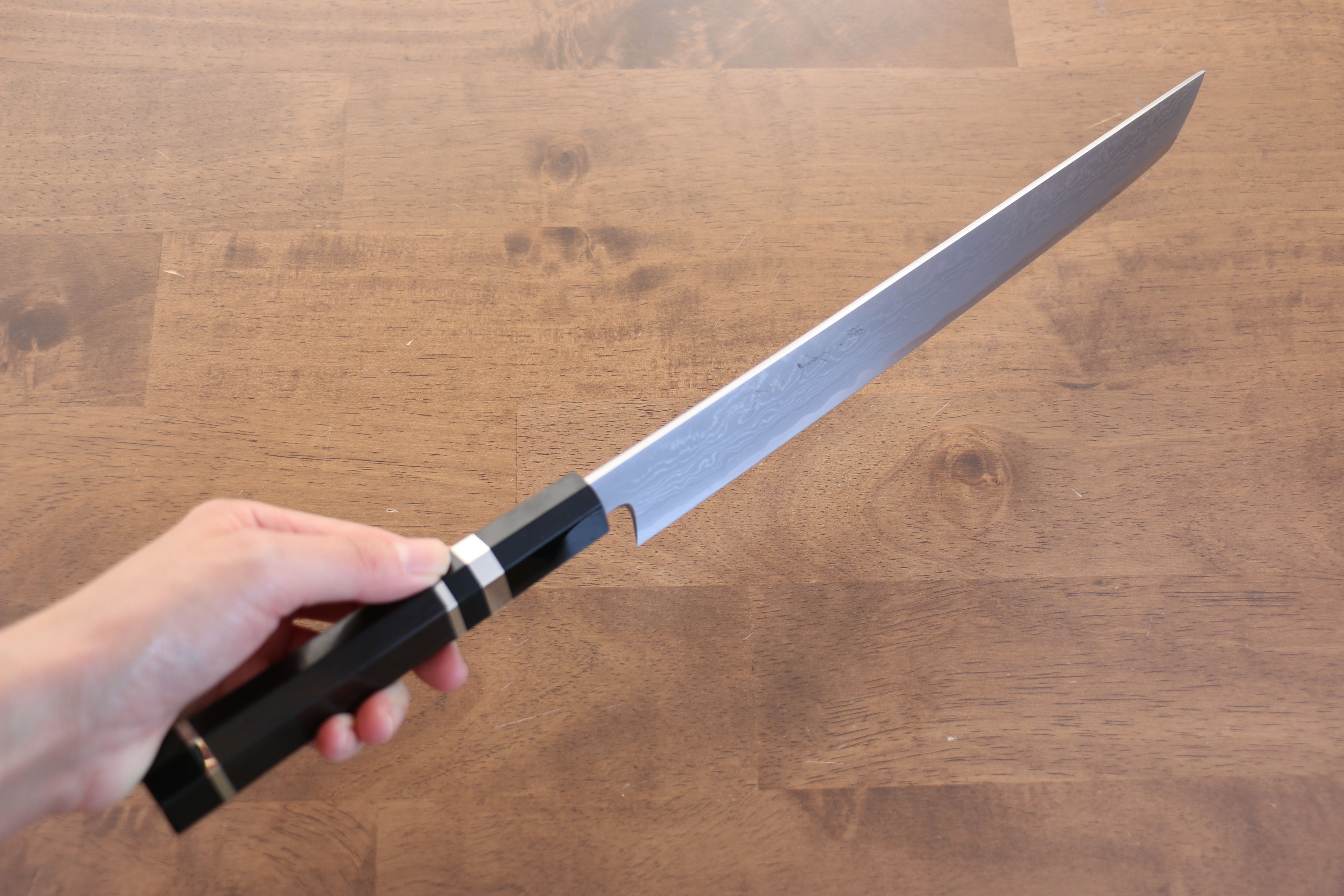 Premium Jikko Blue Steel Damascus Sakimaru Sujihiki Knife 270mm - Handcrafted Japanese Chef Knife with Ebony Wood & Double Ring Handle - Perfect for Slicing Sashimi, Meat, and Precision Cutting