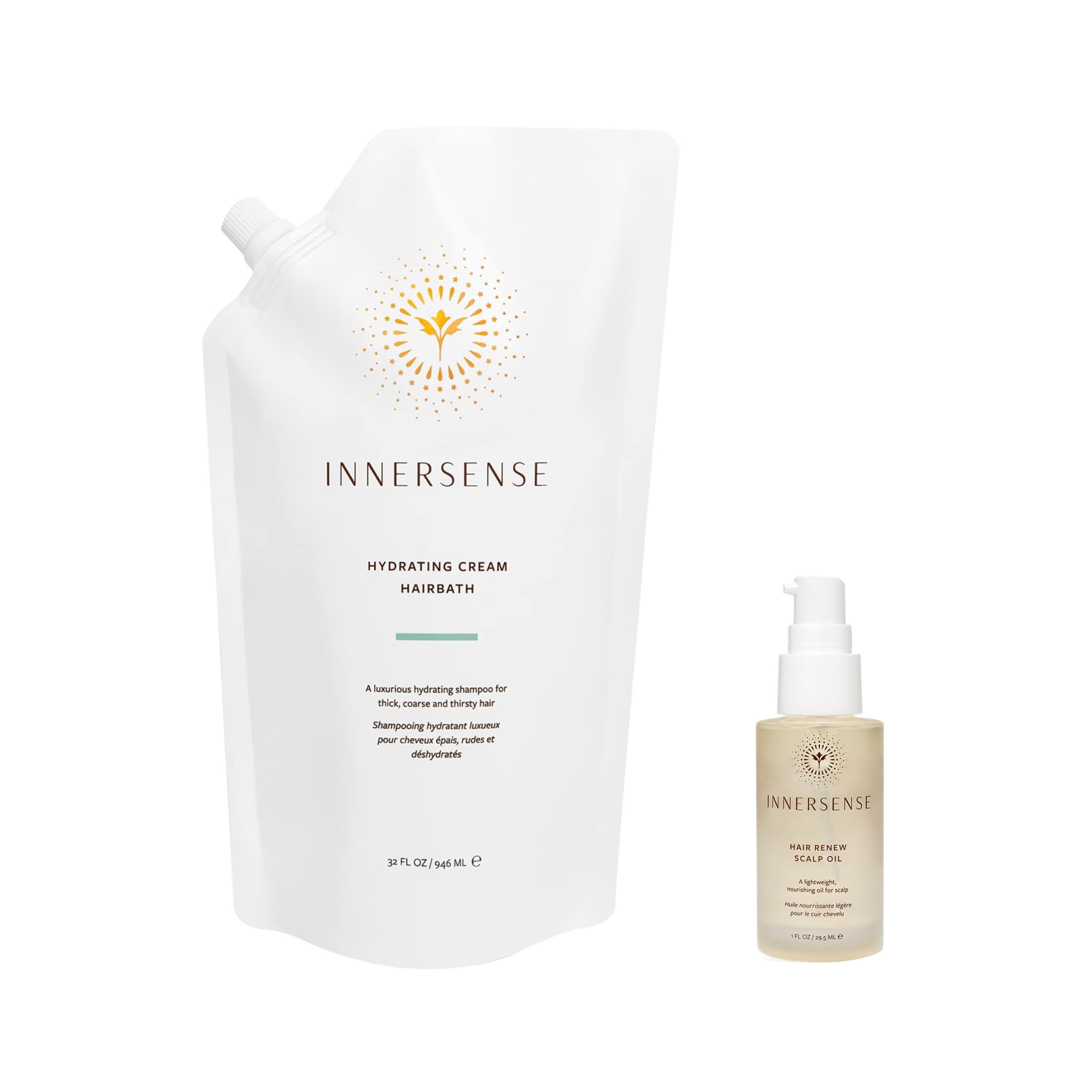 INNERSENSE Organic Beauty Hydrating Hairbath Shampoo Refill Pouch & Hair Renew Scalp Oil Bundle - Natural, Non-Toxic, Cruelty-Free Hair Care for Dry, Damaged Hair | Daily Moisturizing & Scalp Nourishment Solution