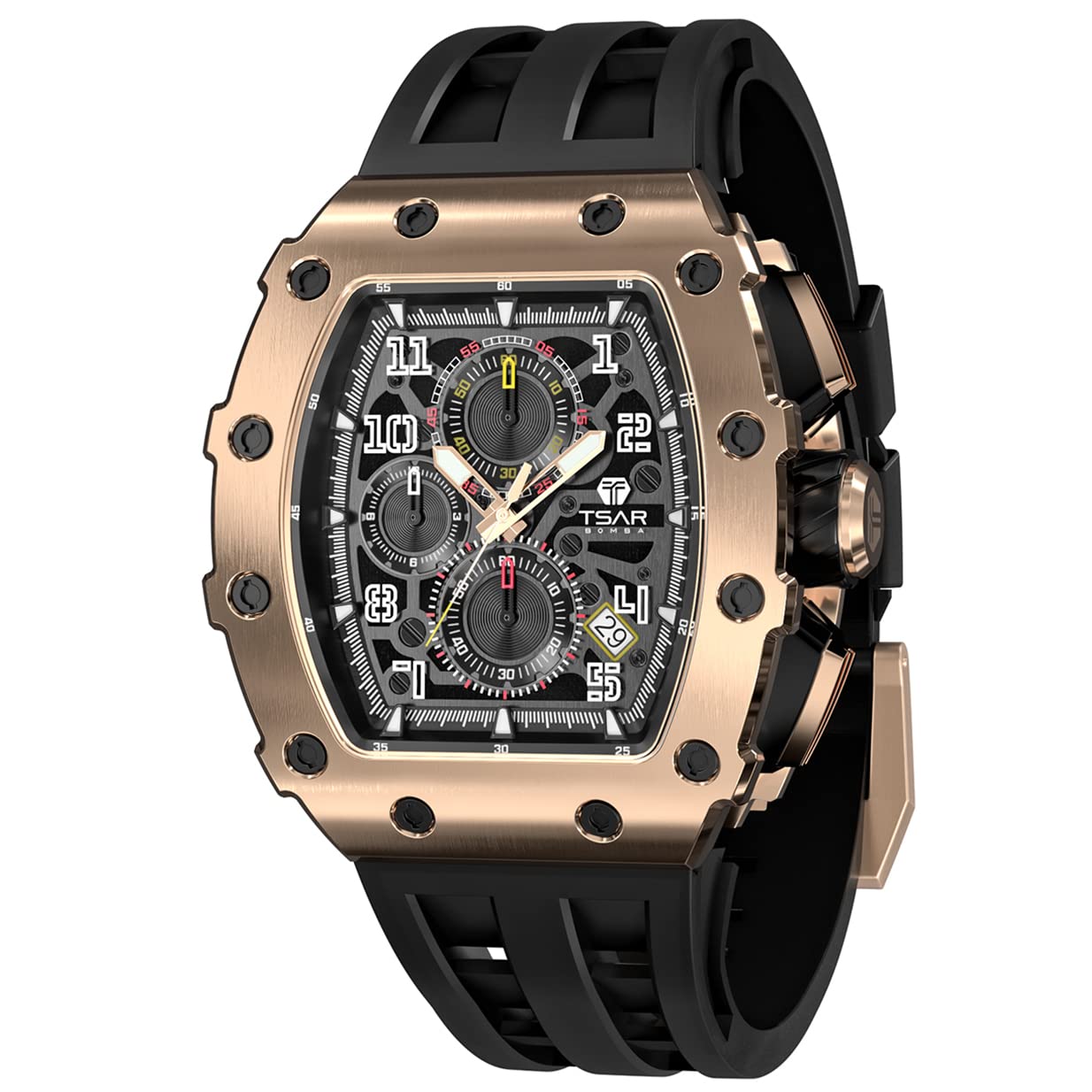 Premium TSAR BOMBA Men's Watch - 22mm Tonneau Strap, Japanese Quartz Analog Movement, 5ATM Waterproof, Stopwatch Timer - Elegant Silicone Wristwatch for Golf, Business & Casual Wear - Perfect Gift for Men