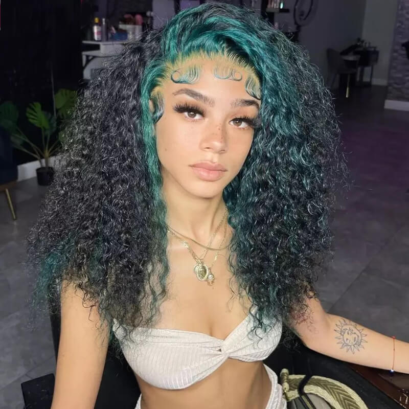 Eullair Curly Human Hair Wig with Green Highlights - Transparent Lace Frontal Wig for Black Women | Natural Look for Parties, Cosplay & Daily Wear