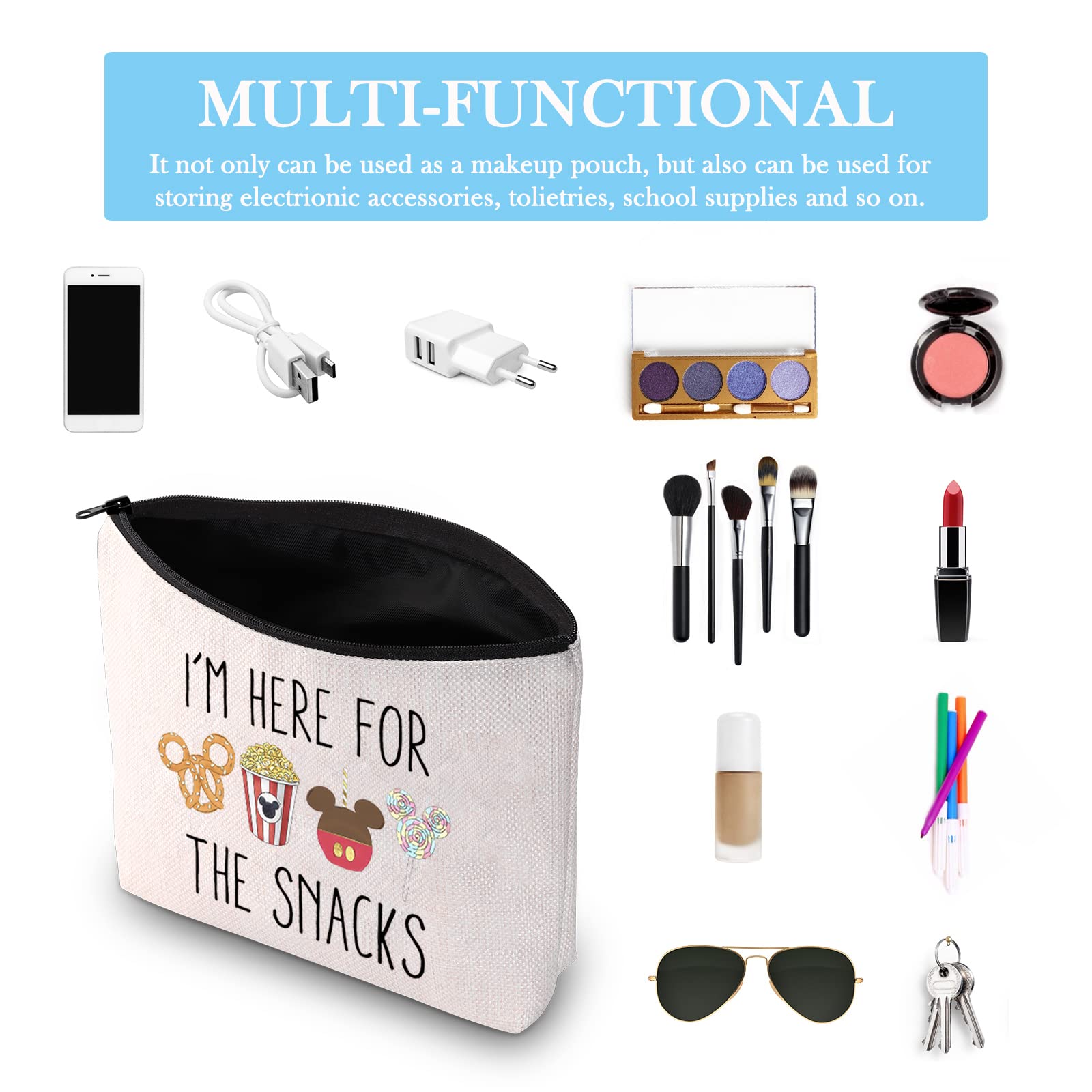 GJTIM Snacks Lover Gift Set - Reusable Insulated Travel Snack Bag with Zipper Pouch for Family Vacations, Picnics & Road Trips - Perfect for Storing Snacks, Makeup & Essentials - Cute 'I'm Here For The Snacks' Design