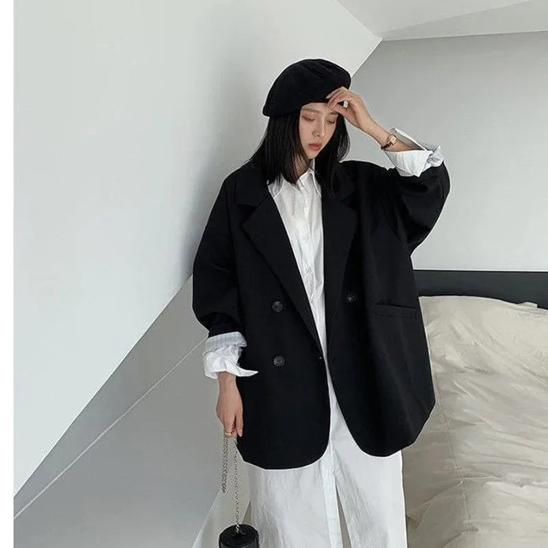 Women's Minimalist Solid Blazer Jacket - Elegant Loose Fit Retro Office Fashion Coat for Spring - High Street Feminine Outerwear for Work, Business Meetings & Casual Outings