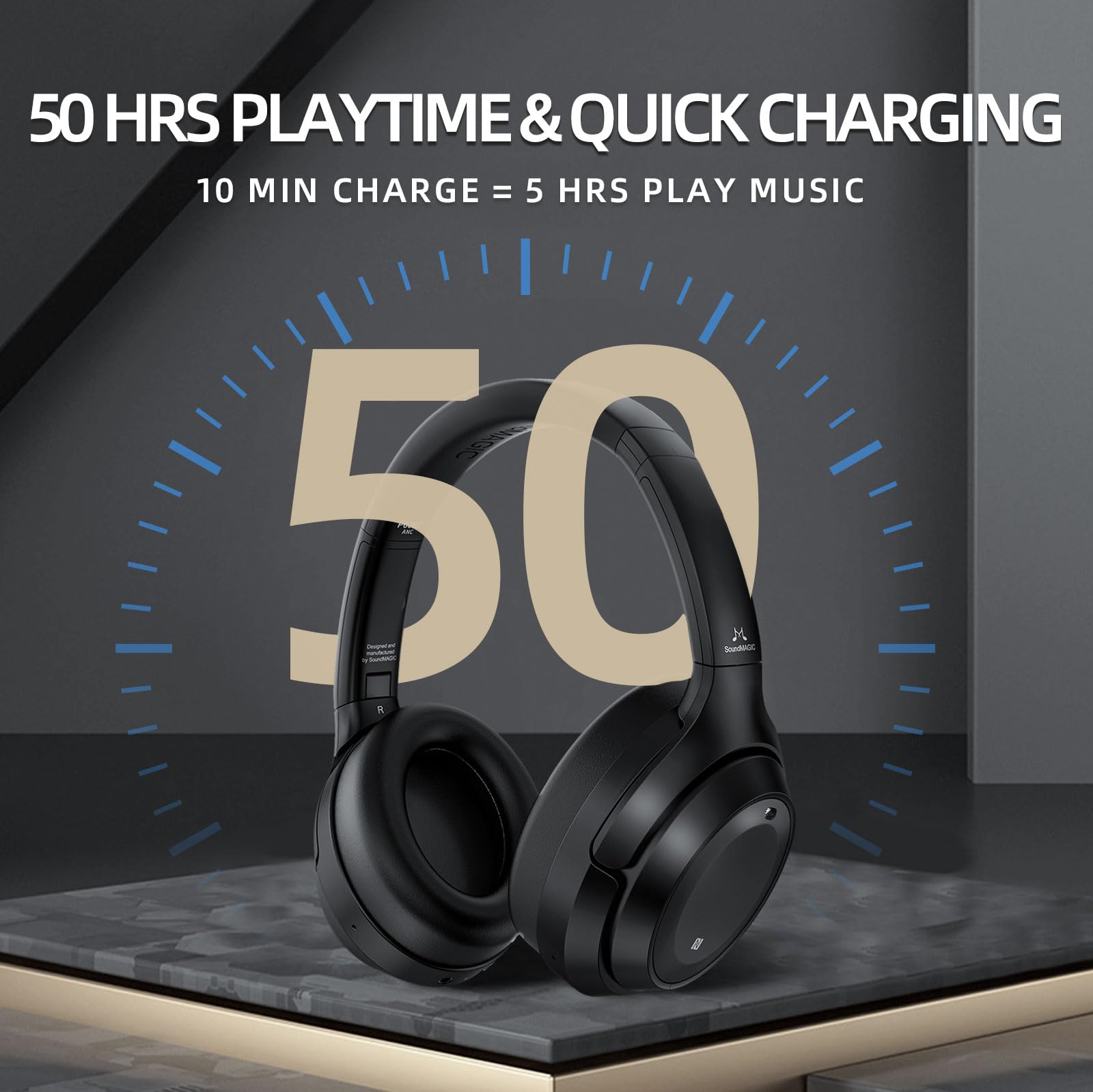 SoundMAGIC P60BT Wireless Bluetooth Headphones with Active Noise Cancelling - HiFi Stereo Over-Ear Headset, HD MIC, Touch Controls, 50H Playtime (Black) - Perfect for Travel, Commuting & Home Entertainment