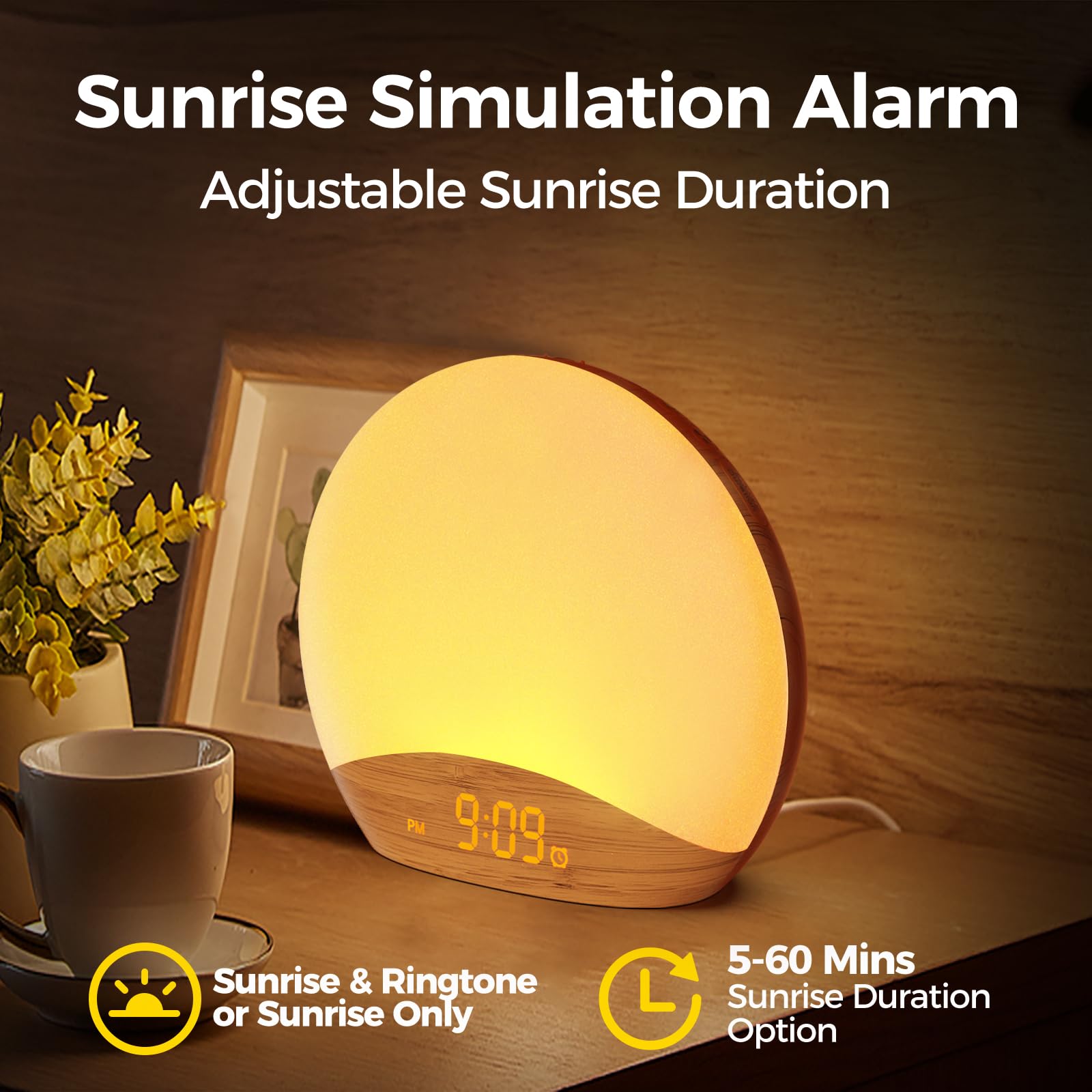 REACHER Wood Grain Sunrise Alarm Clock & Sound Machine with Nightlight - Digital Dimmable Bedroom Clock, 26 Soothing Sleep Sounds & White Noise for Babies, Adults & Kids - Perfect for Gentle Wake-Ups, Nursery, Office & Meditation Rooms