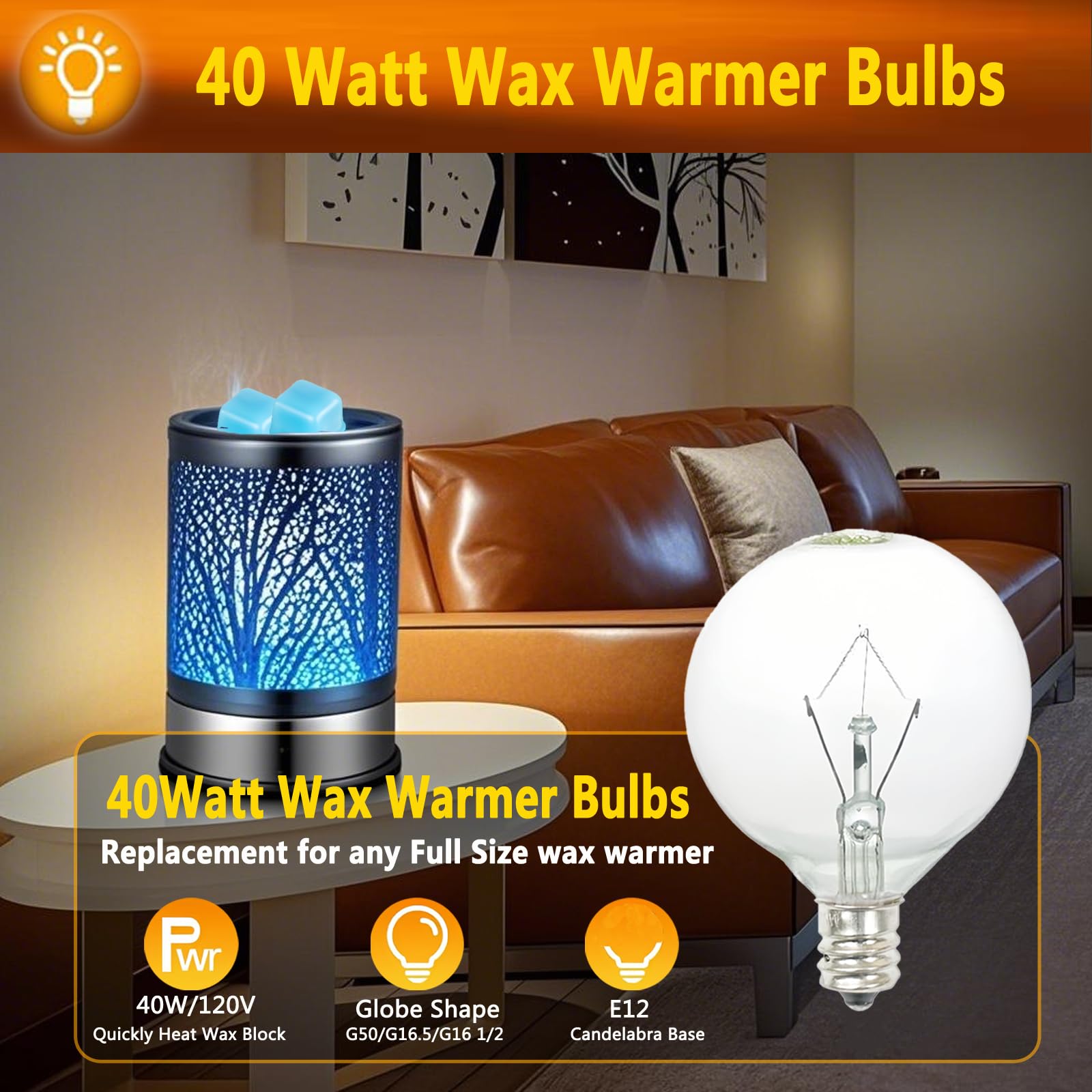 40W E12 Candelabra Base Light Bulbs - 6 Pack Soft Warm White G50/120V Wax Warmer Bulbs for Scentsy, Wax Melt Warmers, Chandeliers & Table Lamps - Perfect for Home Fragrance & Ambient Lighting