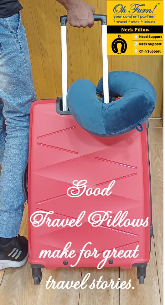 Oh Furn! Memory Foam Travel Neck Pillow - U-Shaped Ergonomic Neck Support for Airplane, Car, Train & Bus - Soft Headrest Cushion for Comfortable Travel - Perfect for Long Flights & Road Trips (Blue)