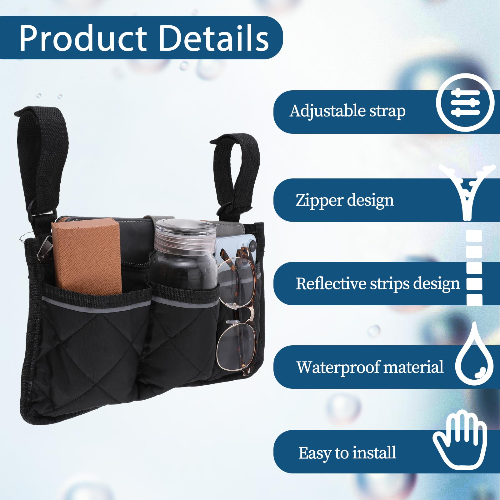 Waterproof Wheelchair Side Bag with Reflective Stripe - Armrest Organizer for Walker & Rollator - Travel & Daily Use