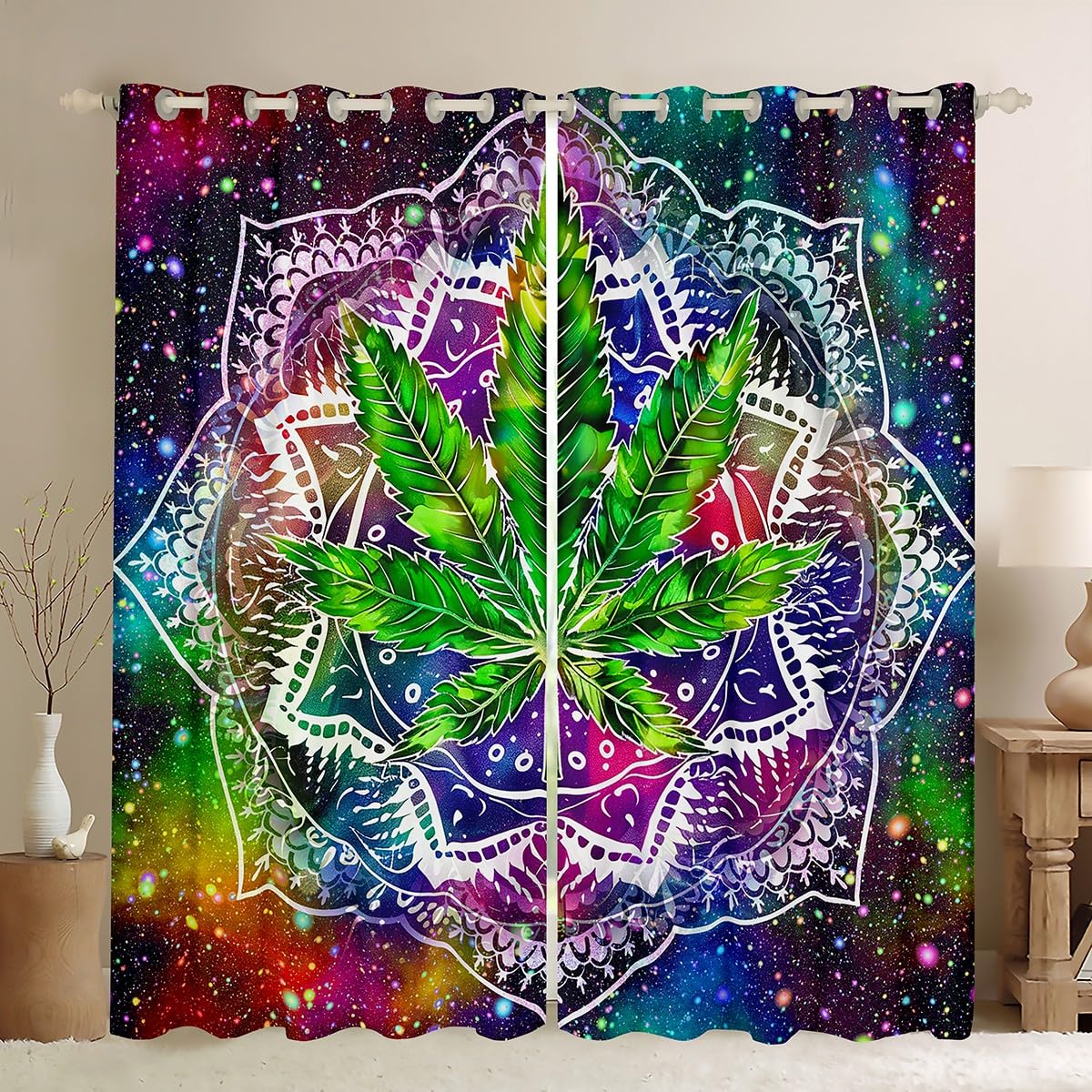 Feelyou Blackout Curtains for Kids - Green Marijuana Leaf & Boho Mandala Design, 30%-50% Light Blocking, 2 Panels (52x96 Inch) - Perfect for Bedroom, Nursery, or Dorm Room Window Treatments