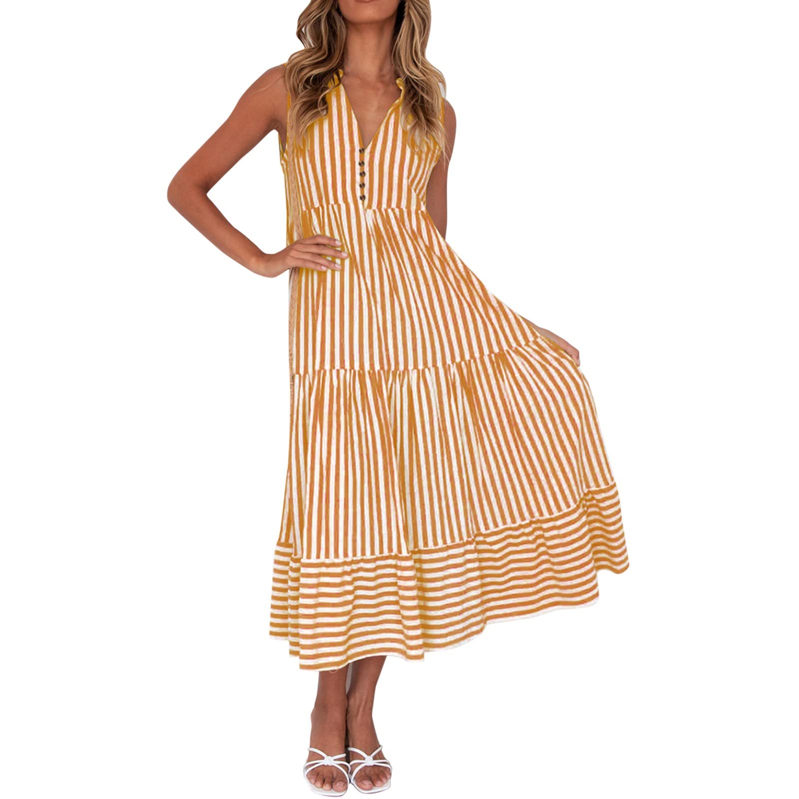 Women's Casual Sleeveless Button-Down V-Neck High Waist Striped Maxi Dress - Summer Beach Party, Vacation, Date Night & Outdoor Occasions