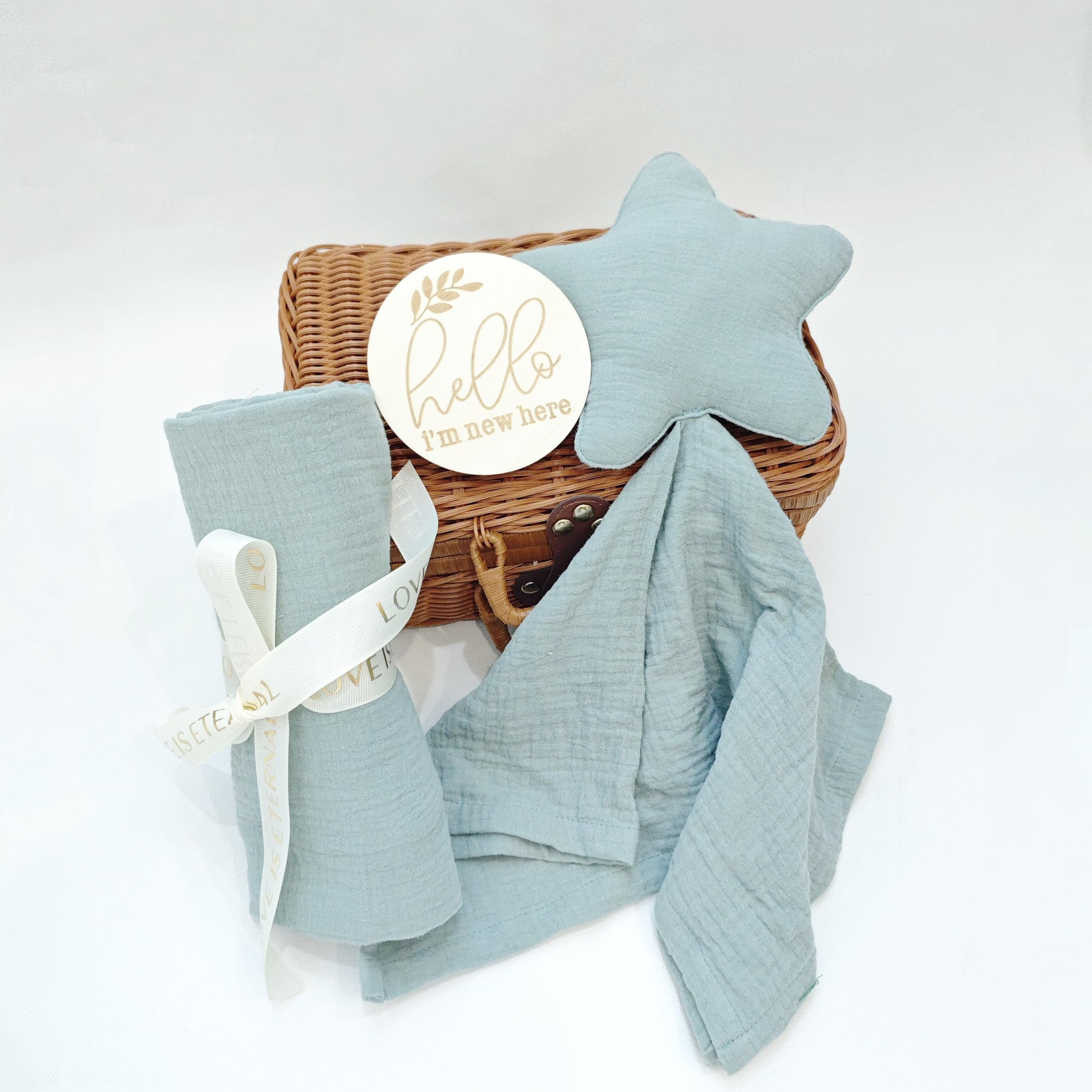 8-in-1 Premium Baby Gift Set for Newborns - Soft Star Security Blanket, Cotton Swaddle, Baby Rattle & Wooden Milestone Cards (Blue) - Perfect Baby Shower Gift for Boys & Girls, Newborn Essentials & First Birthday Present