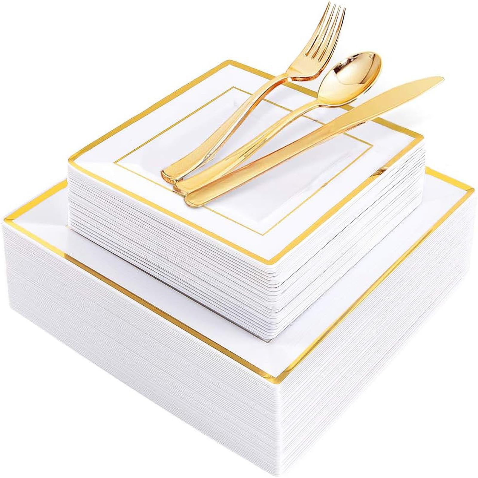 125-Piece Gold Plastic Dinnerware Set - 25 Gold Rimmed Dinner Plates, 25 Salad Plates, 25 Forks, 25 Knives & 25 Spoons - Elegant Disposable Tableware for Parties, Weddings & Events