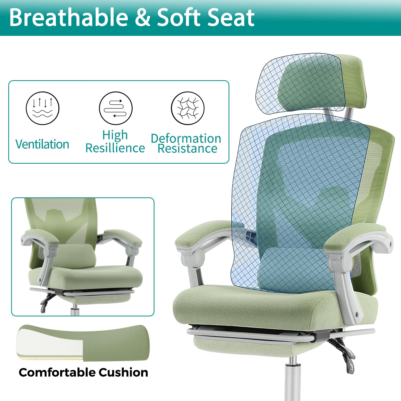 DUMOS Ergonomic High-Back Mesh Office Chair with Adjustable Footrest - Rolling Swivel Reclining Desk Chair with Wheels, Headrest & Lumbar Support - Comfortable for Home Office, Gaming, Studying - Green
