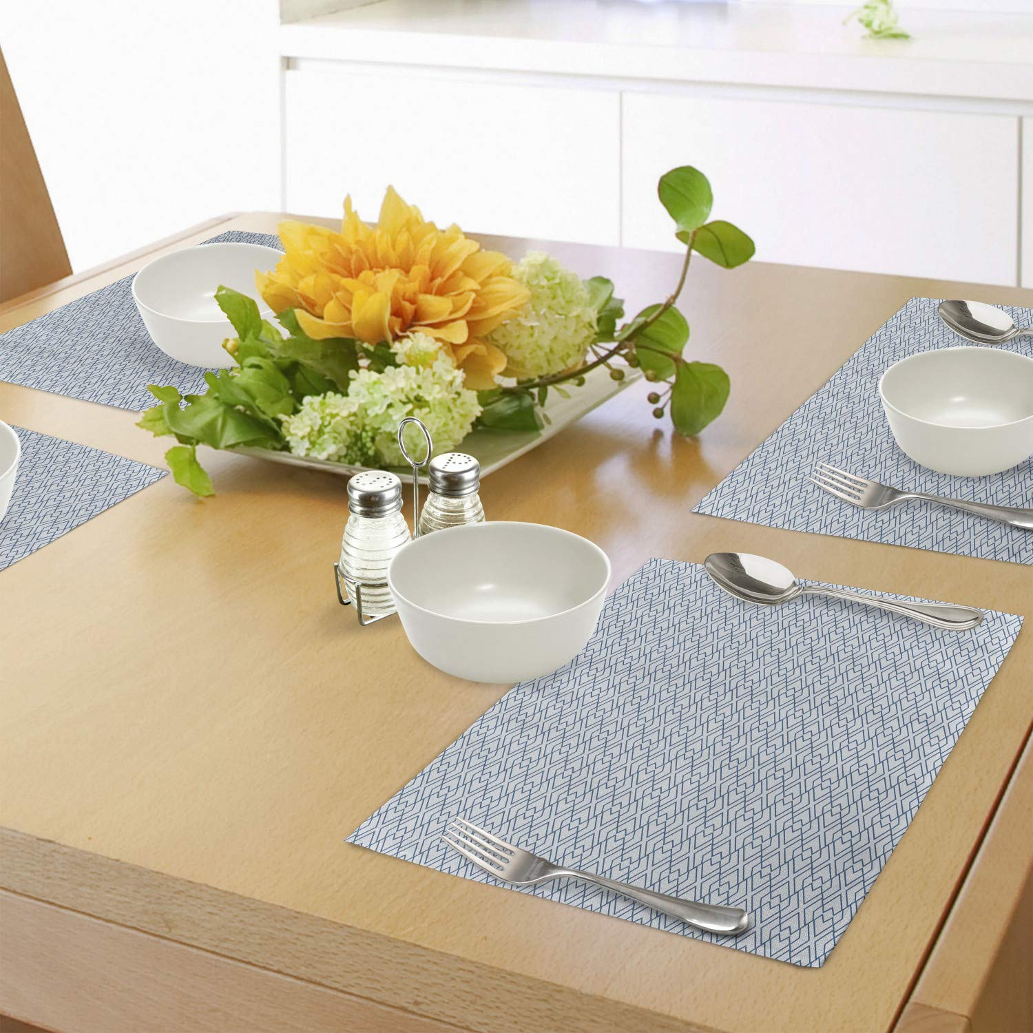Ambesonne Japanese Style Place Mats Set of 4 - Retro Blue Floral Square Design with Lace Detailing, Washable Fabric Table Mats for Dining Room & Kitchen Decor (Blue & White) - Perfect for Asian-Themed Dinner Parties and Everyday Table Setting