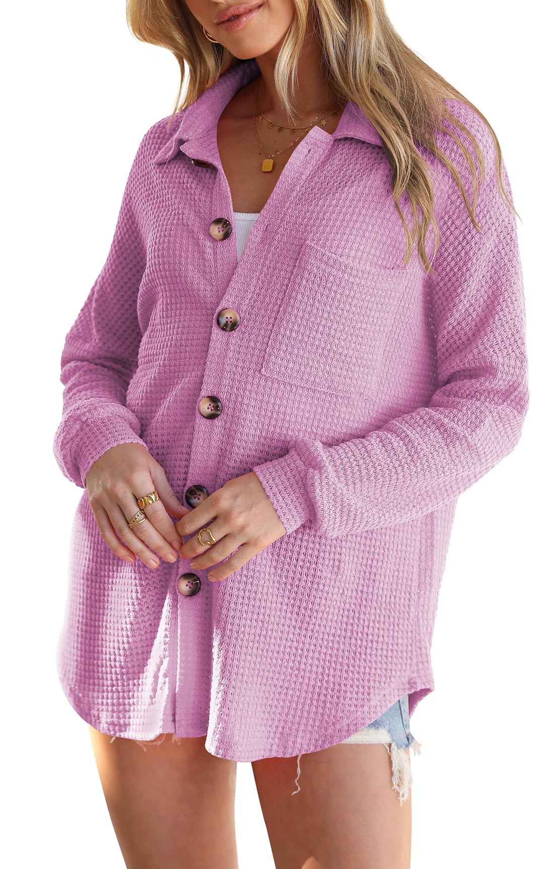 Naggoo Women's Long Sleeve Button Down Shirt - Waffle Knit Shacket Jacket & Oversized Blouse Top for Casual Wear, Work Office & Fall Layering