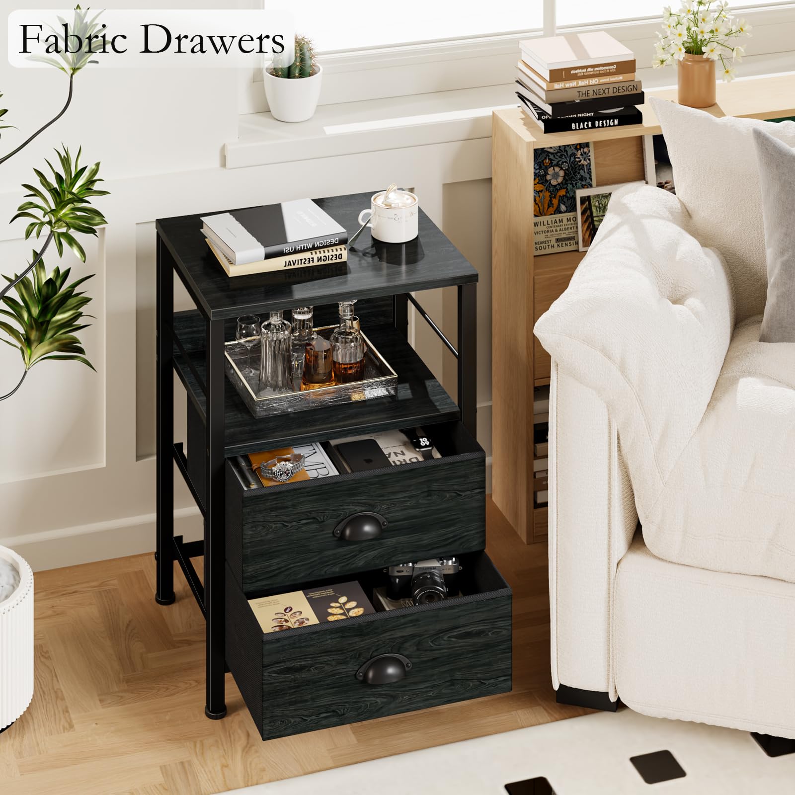 Furologee Nightstand Set of 2 - Modern End Tables with 2 Fabric Drawers, Bedside Tables with Hooks & Shelf - Black Oak Finish for Bedroom, Living Room, Study | Perfect for Small Spaces & Apartment Decor