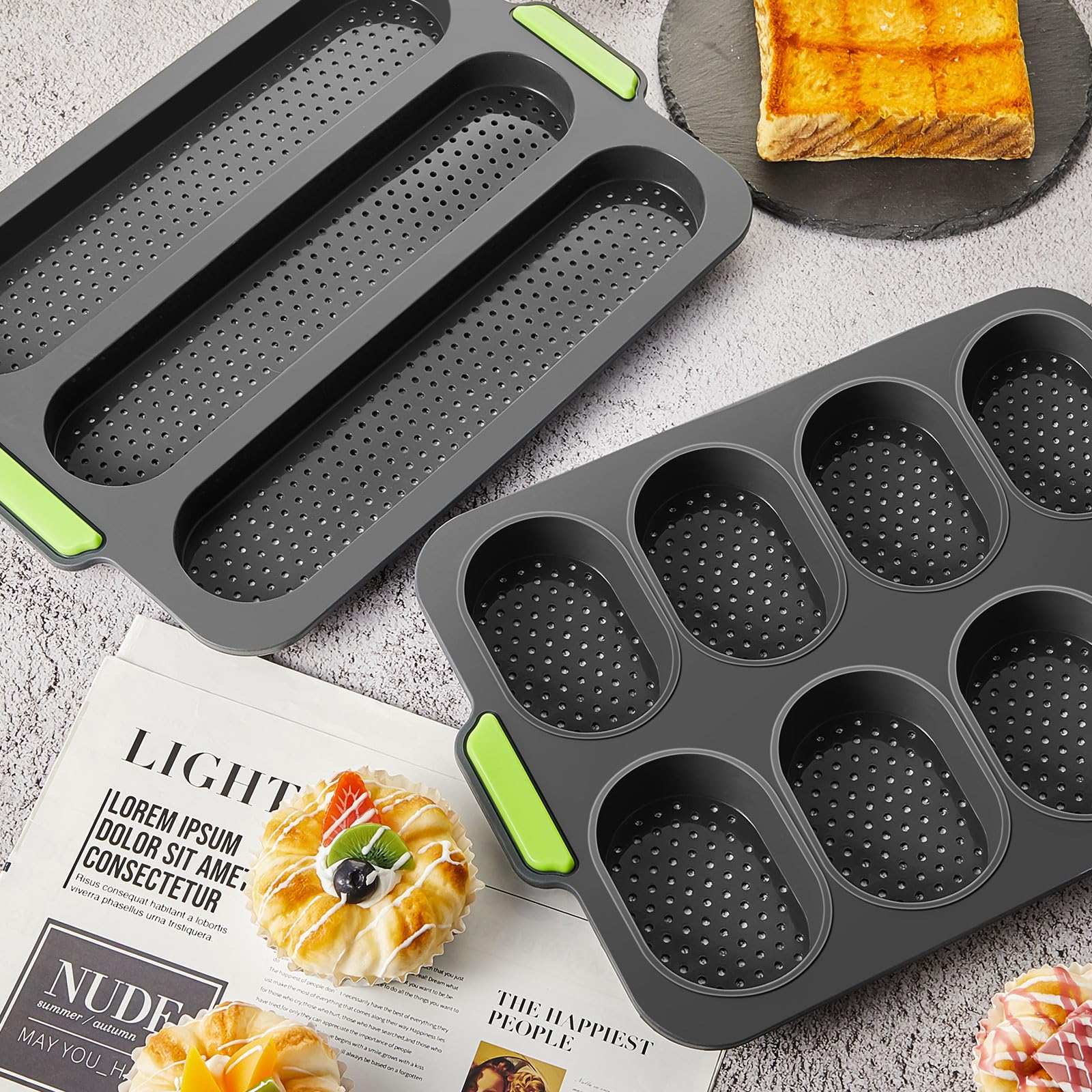 4-Piece Silicone Baguette Pan Set - Nonstick Perforated Bread Mold with 8 Gutters & 3-Wave Design for Perfect French Bread | Oven-Safe Baking Tray for Homemade Loaves, Toast & Artisan Bakers | Ideal for Home Kitchens, Bakeries & Cooking Enthusiasts