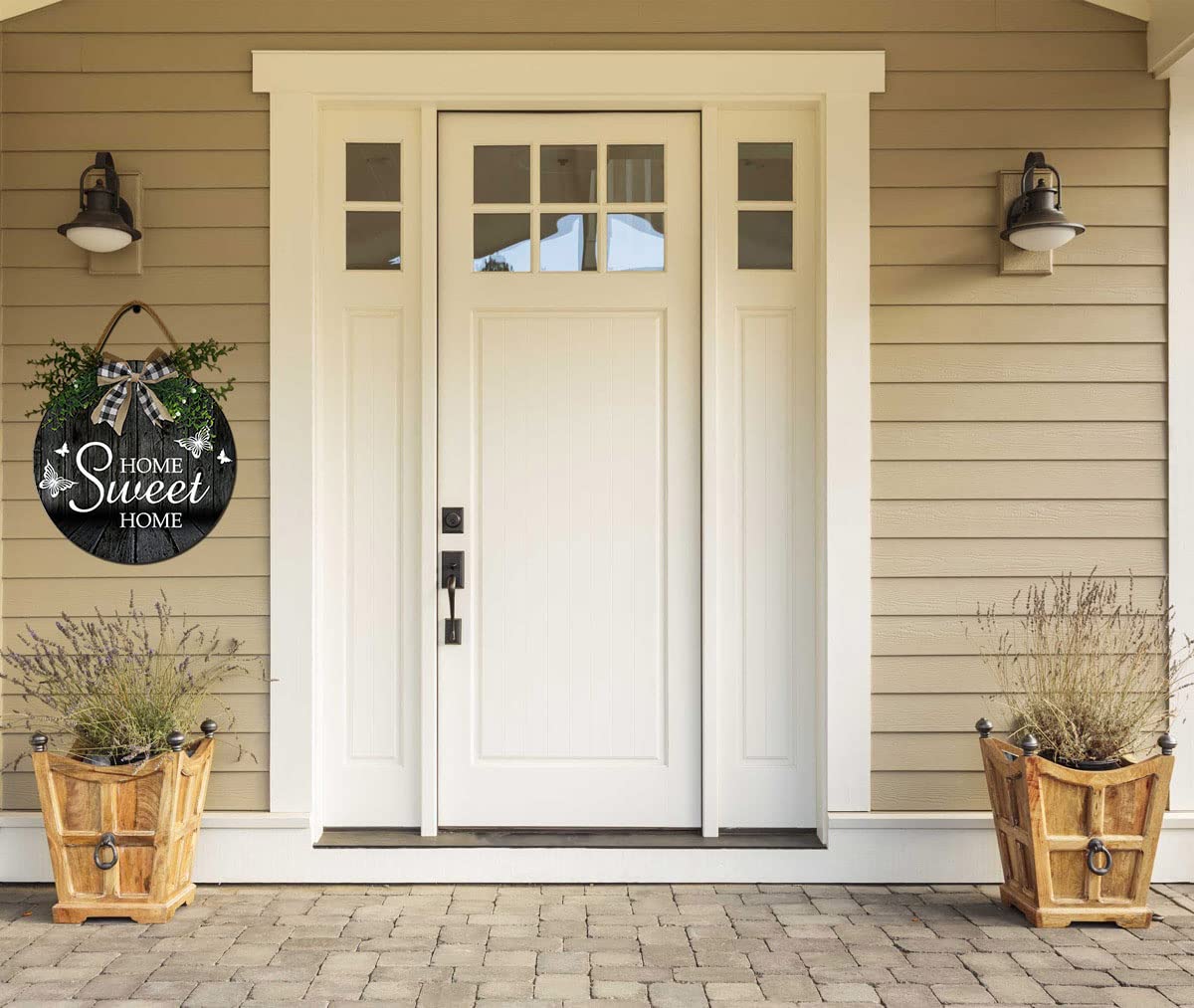 12 Inch Rustic Round Wooden Wreath - Farmhouse Front Door Sign with 'Home Sweet Home' Engraving - Perfect Housewarming Gift for New Home Decor & Cozy Farmhouse Style