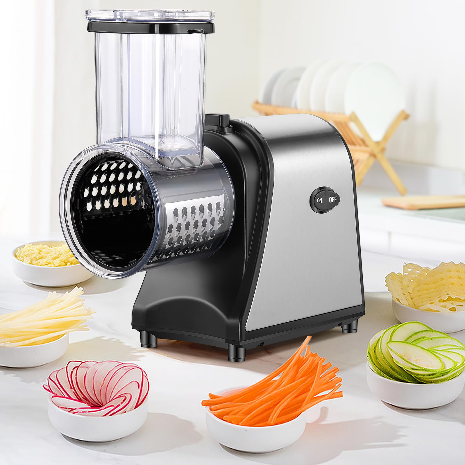 250W Electric Slicer Grater - Multi-Function Salad Maker & Cheese Shredder with 5 Free Attachments, Extra Large Feed Port for Fast Food Prep - Perfect for Kitchens, Restaurants, and Catering Services