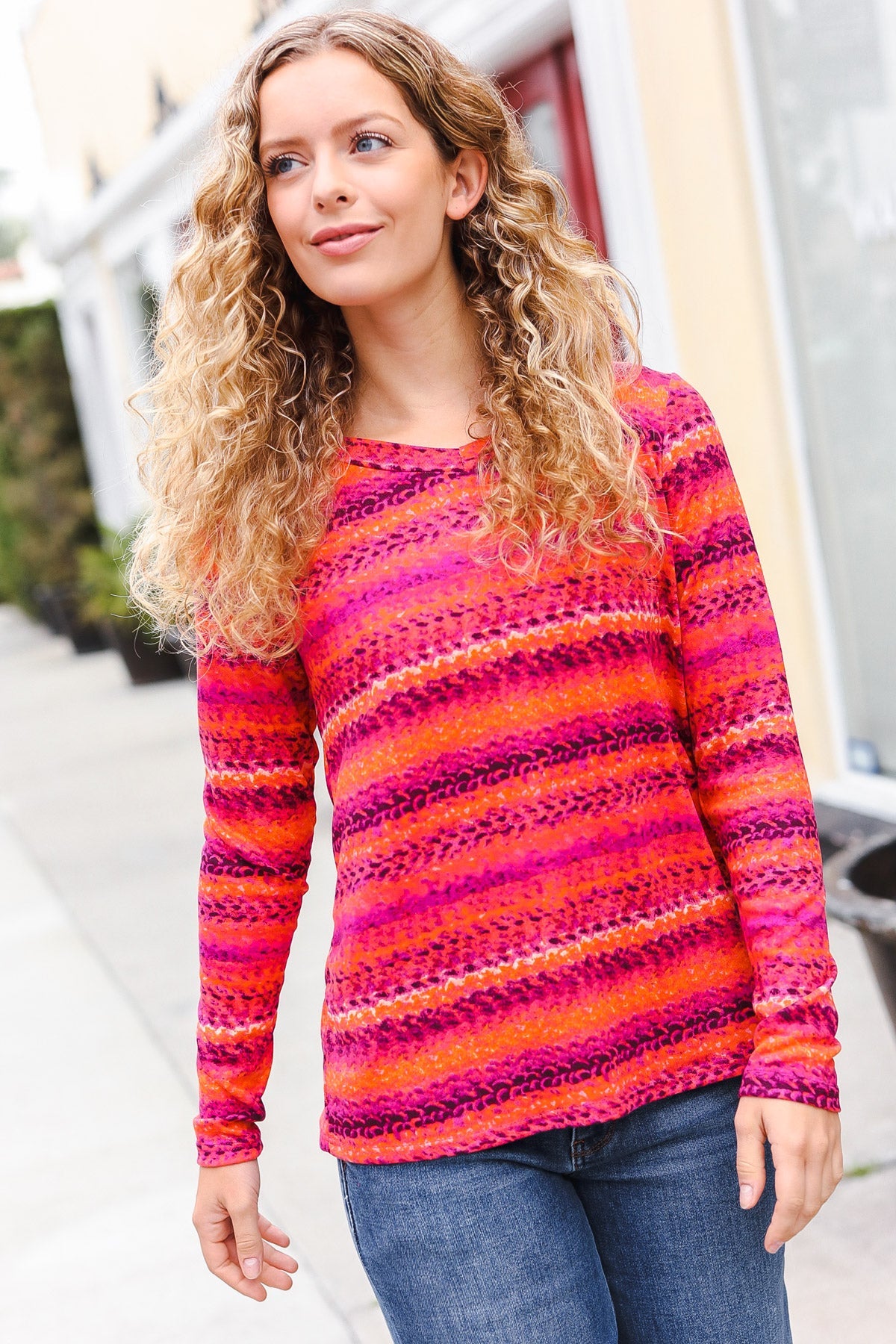 Bold Flame & Magenta Striped Cable Knit Print Hacci Top - Women's Fashion Sweater for Fall & Winter, Perfect for Casual Outfits and Holiday Parties