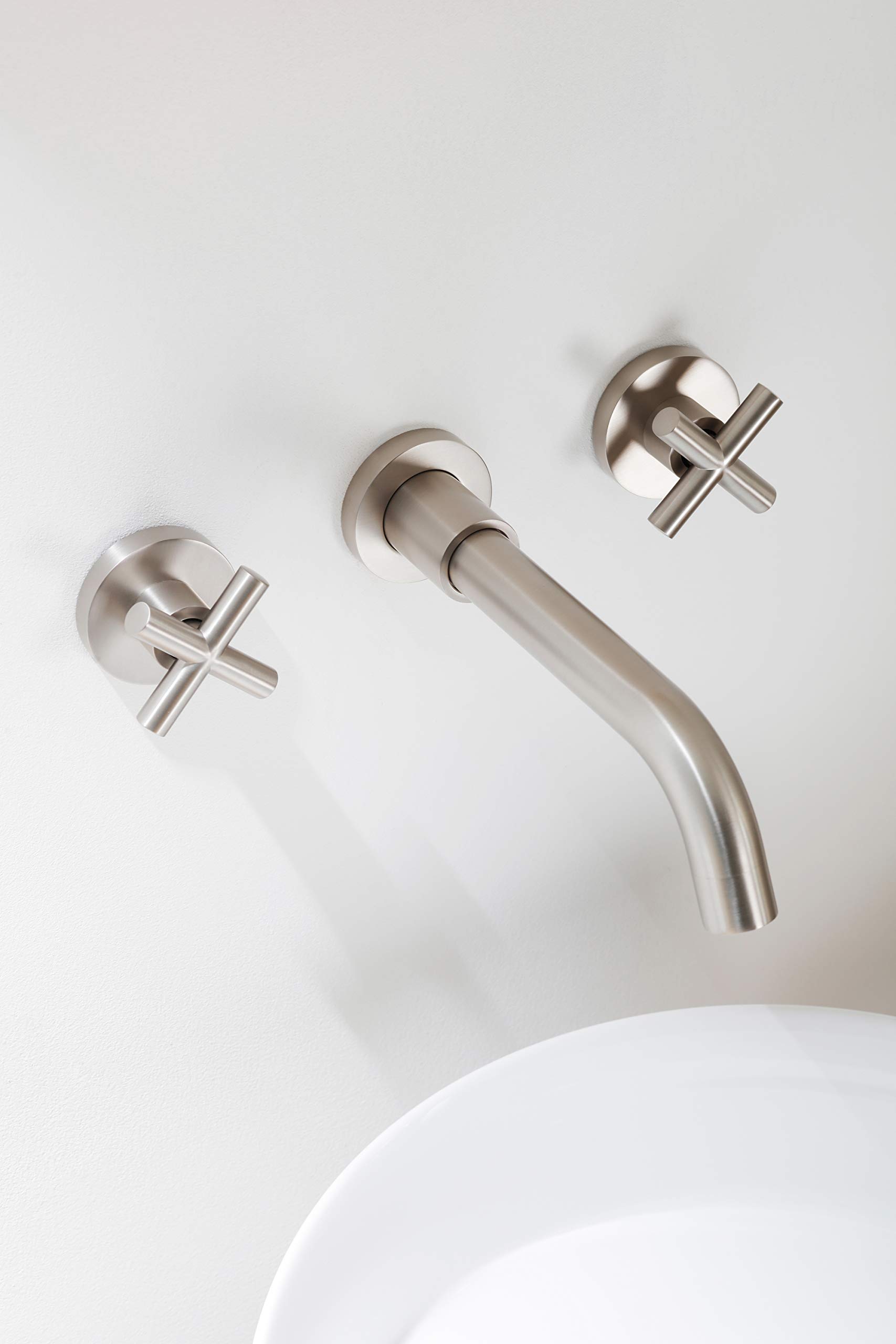 Brushed Nickel Wall Mount Bathroom Faucet - Double Handle Sink Faucet with Rough-in Valve - Modern Waterfall Bathroom Sink Faucet for Powder Room, Guest Bath & Small Spaces