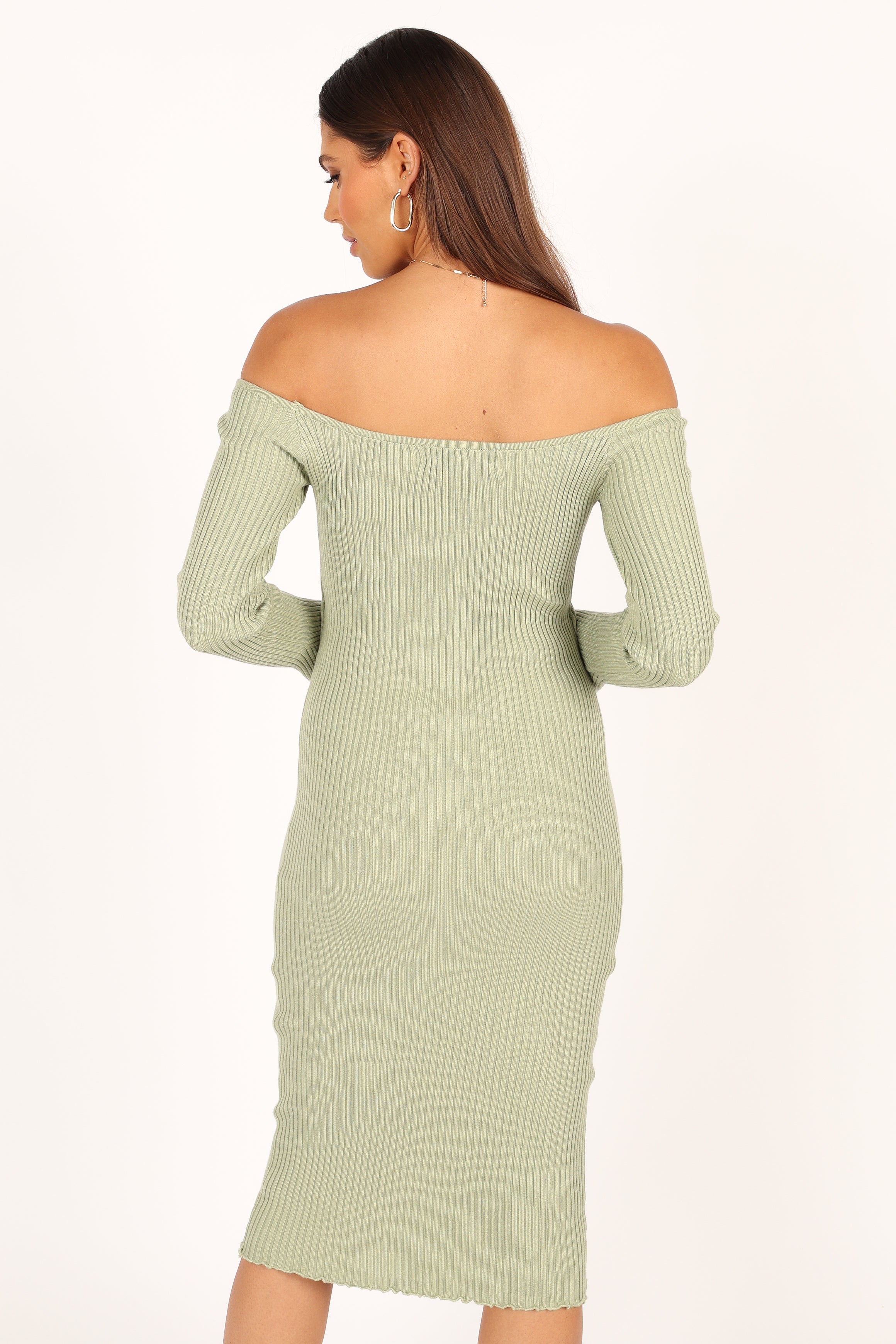 Geneva Off Shoulder Midi Dress in Sage Green - Flowy Summer Dress for Beach, Wedding & Date Night