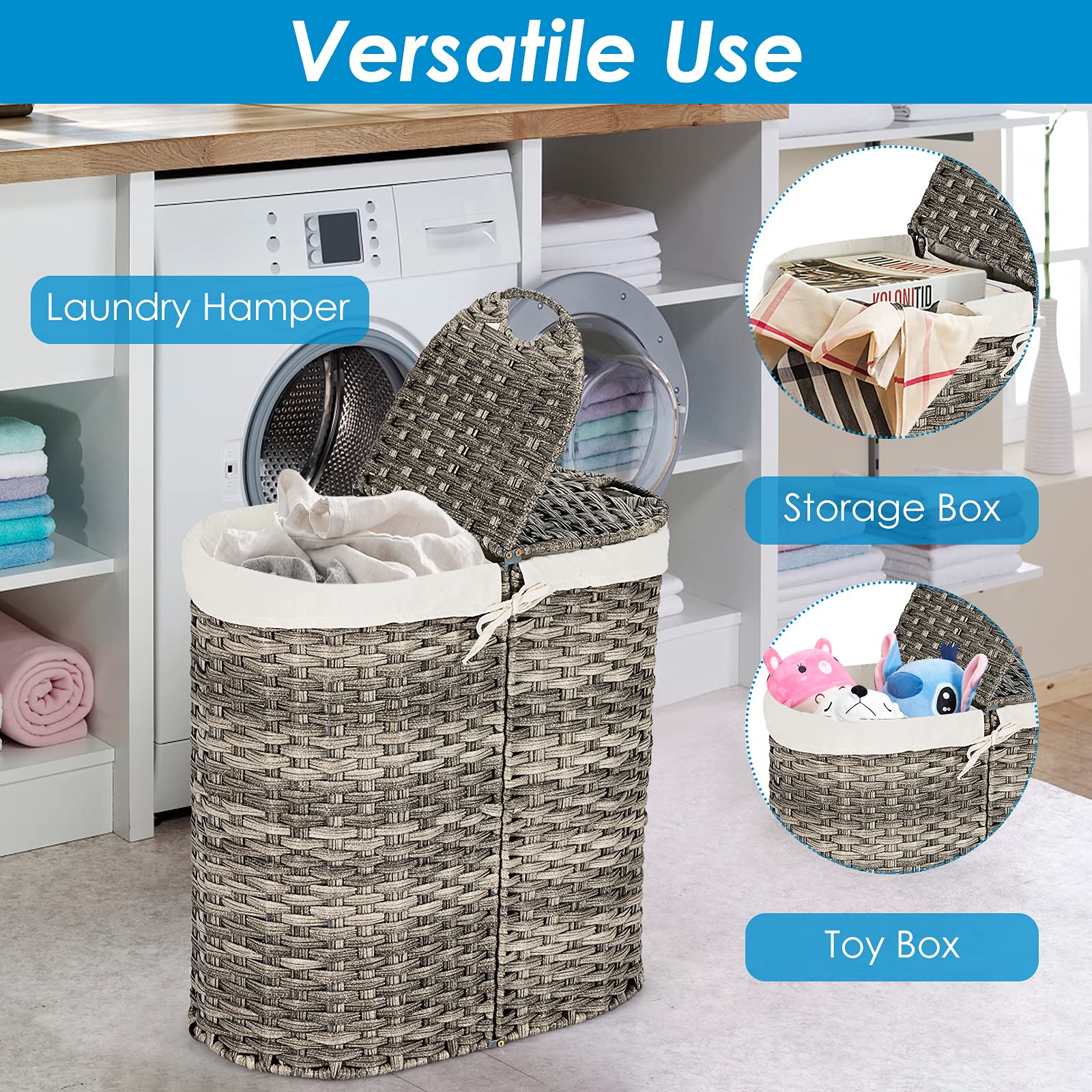 Giantex Double Laundry Hamper with Lid - 2 Removable Liner Bags, Handwoven Clothes Sorter Basket for Bedroom, Living Room & Laundry Room | Portable Storage Organizer for Dirty Clothes & Linens (Gray)