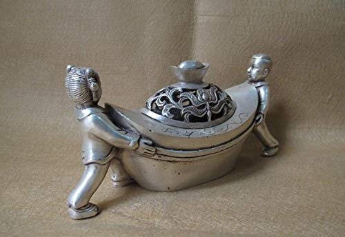 Exquisite Tibetan Silver Feng Shui Boy & Girl Yuanbao Statue Incense Burner - Handmade Asian Home Decor for Wealth & Harmony - Perfect for Meditation, Yoga Room & Spiritual Gifts