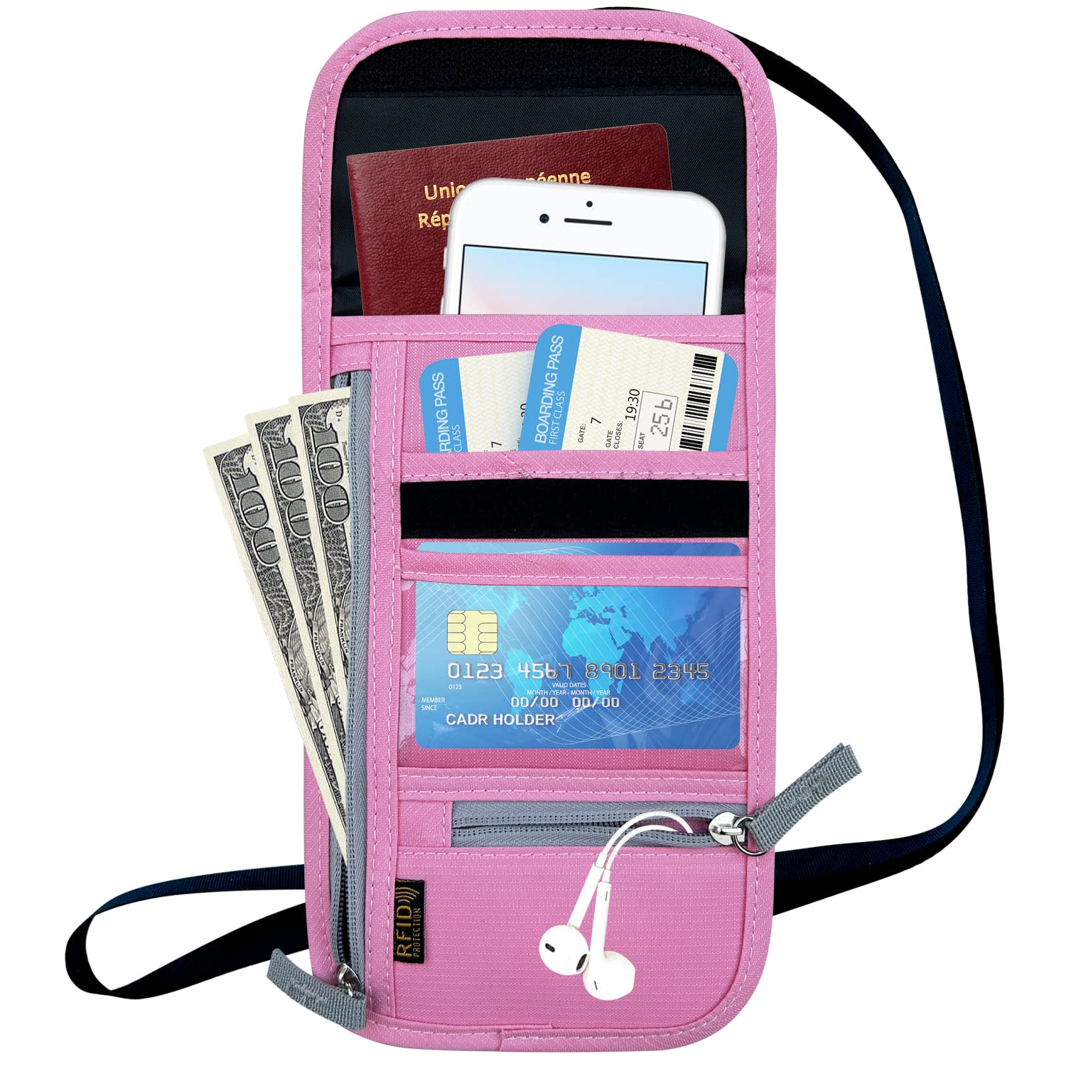 RFID Blocking Travel Neck Wallet for Men & Women - Adjustable Neck Strap Passport Holder to Protect Cash, Credit Cards & Documents - Secure Travel Accessories for Airports, Vacations & International Trips (Pink)
