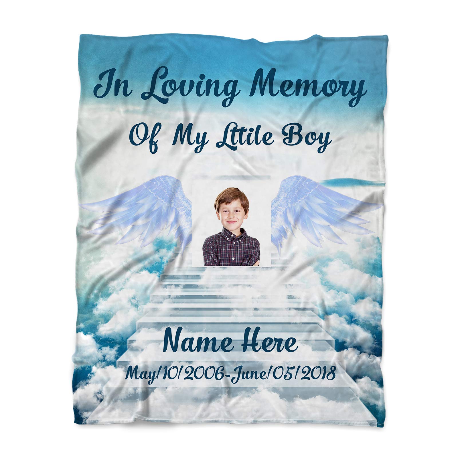 Custom Personalized Memorial Blanket - In Loving Memory of My Little Boy with Picture and Name - Fleece Keepsake Throw Blanket - Comforting Gift for Grieving Families - Perfect for Remembrance, Healing & Family Comfort