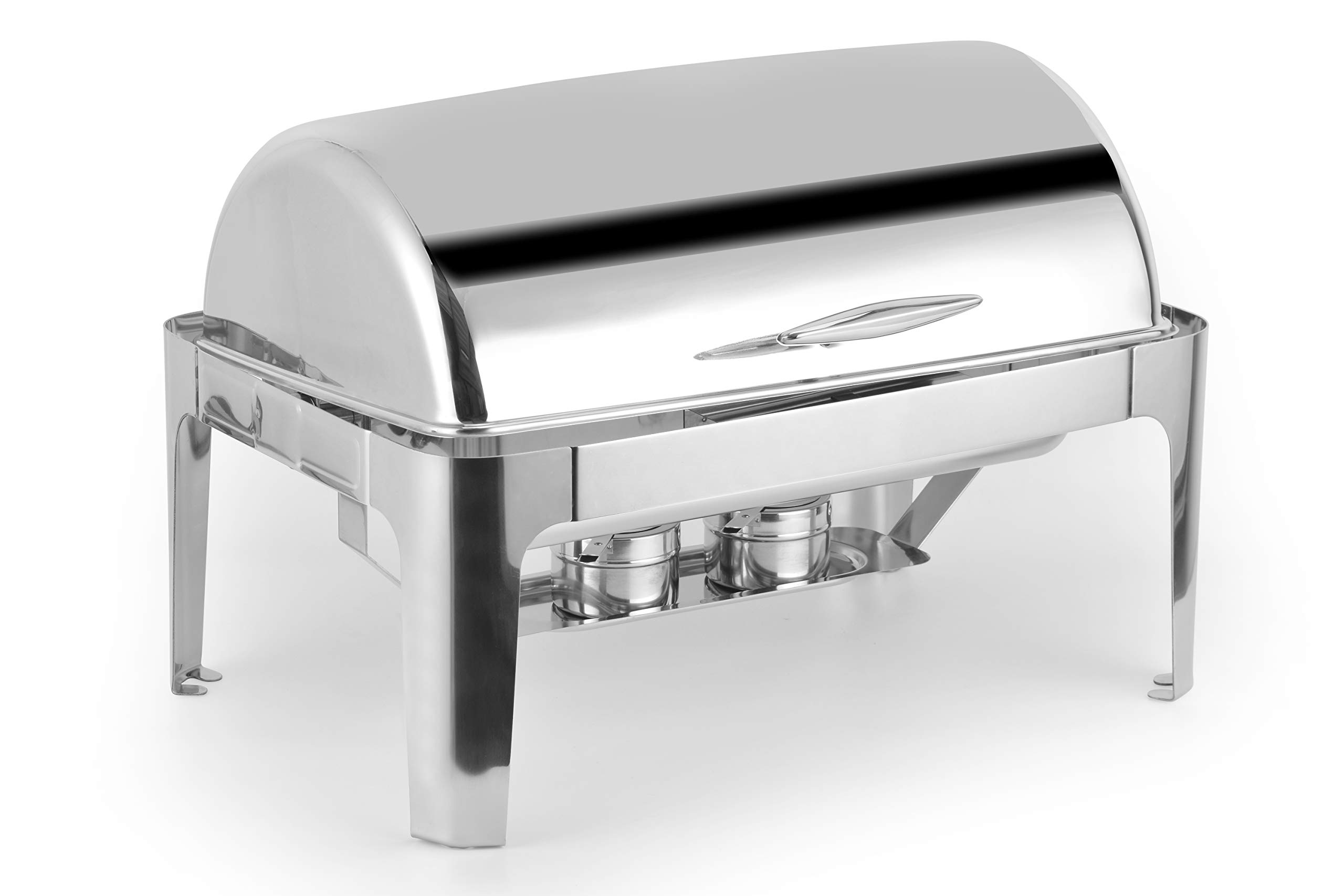 Premium 8qt Stainless Steel Roll Top Chafing Dish Set - Commercial Grade Buffet Catering Equipment with Fuel Holders, Lid & Apron - Includes 1 Full-Size Food/Water Pan, 1 Sectional Pan, 1 Tong & Serving Spoon - Perfect for Weddings, Banquets, Buffets & Catering Events