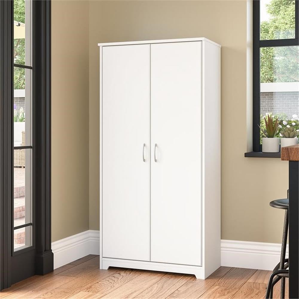 Bush Furniture Cabot Tall Kitchen Pantry Cabinet with Doors, White - Freestanding Storage Organizer for Kitchen, Dining Room, or Pantry - Perfect for Storing Food, Dishes, and Small Appliances