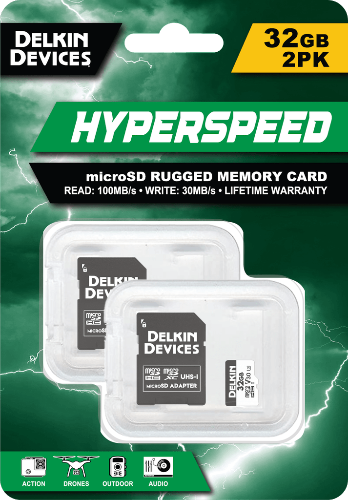 Delkin Devices Hyperspeed UHS-I U3/V30 32GB MicroSD Memory Cards (2-Pack) - High-Speed Performance for 4K Video, Action Cameras & Drones