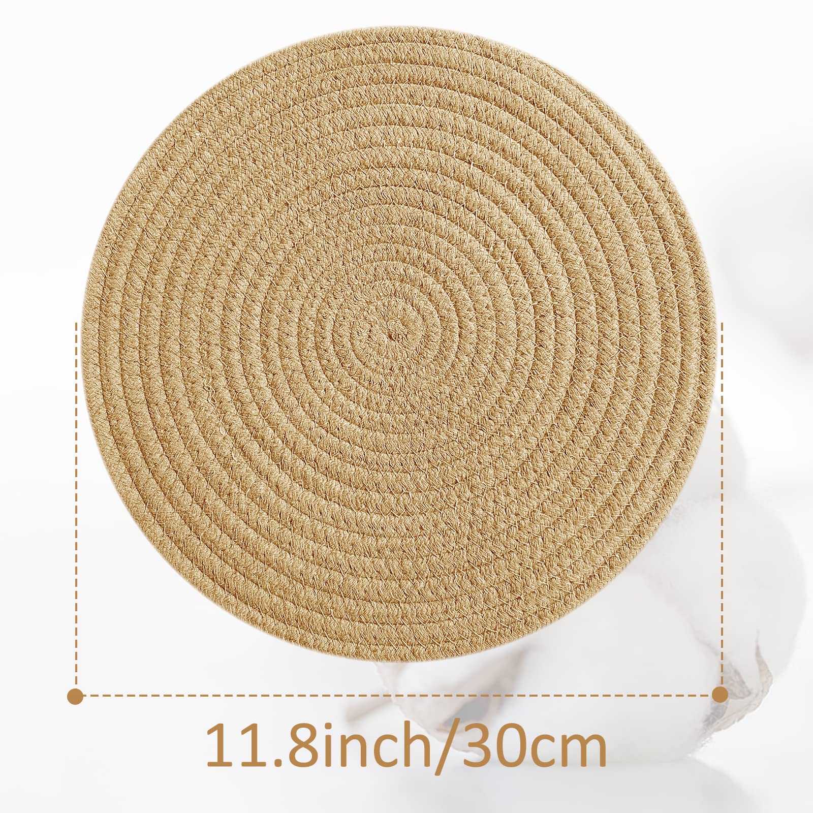 Round Cotton Placemats Set of 4 - 12 Inch Woven Washable Table Mats for Round Dining Table (Khaki) - Perfect for Casual Dining, Kitchen Decor, and Dinner Parties