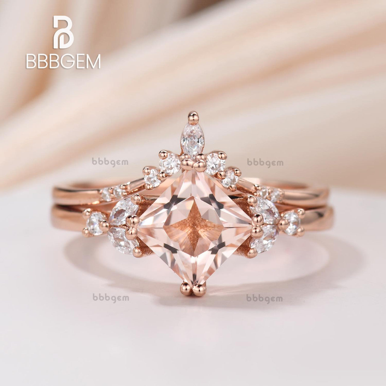 14K Rose Gold Princess Cut Peach Morganite Anniversary Ring Set - Elegant Gift for Her, Perfect for Weddings, Engagements & Special Occasions