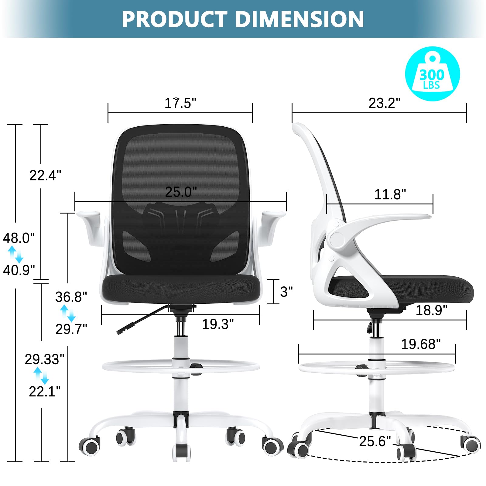 Ergonomic Tall Drafting Chair with Footrest Ring & Lumbar Support - Adjustable Height Office Chair with Flip-Up Arms for Home & Work (White) - Perfect for Architects, Artists, and Extended Computer Work Sessions