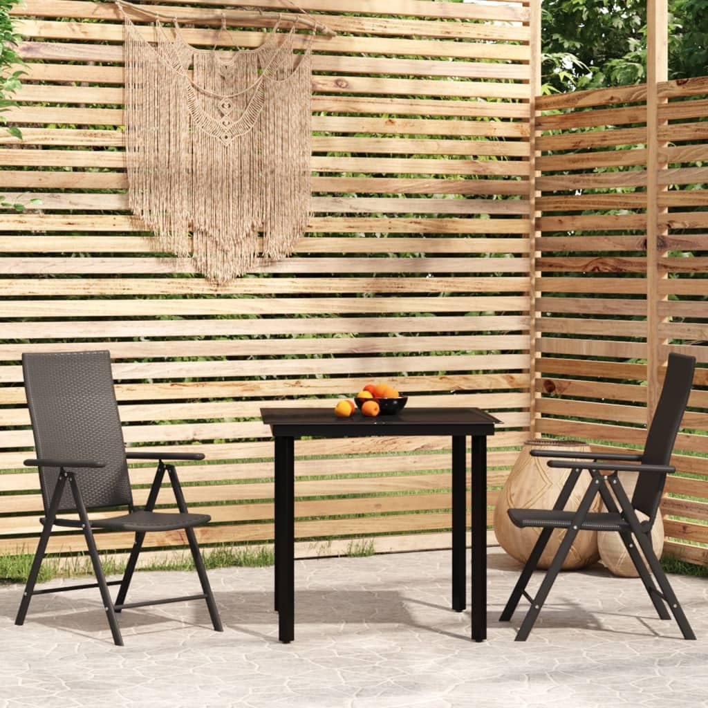 vidaXL 3-Piece Patio Dining Set - Black Outdoor Table with Reclining PE Rattan Chairs for Backyard, Garden & Poolside Relaxation