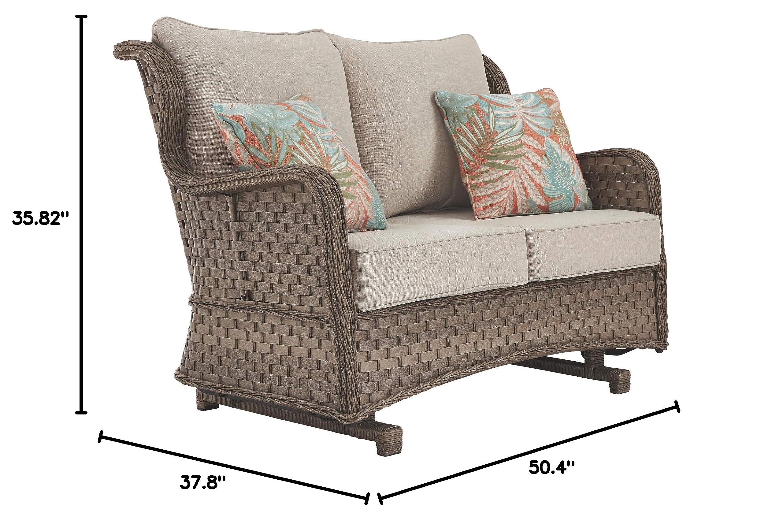 Signature Design by Ashley Clear Ridge Outdoor Handwoven Wicker Loveseat Glider with Cushions & 2 Throw Pillows, Light Brown - Perfect for Patio, Garden, or Poolside Relaxation
