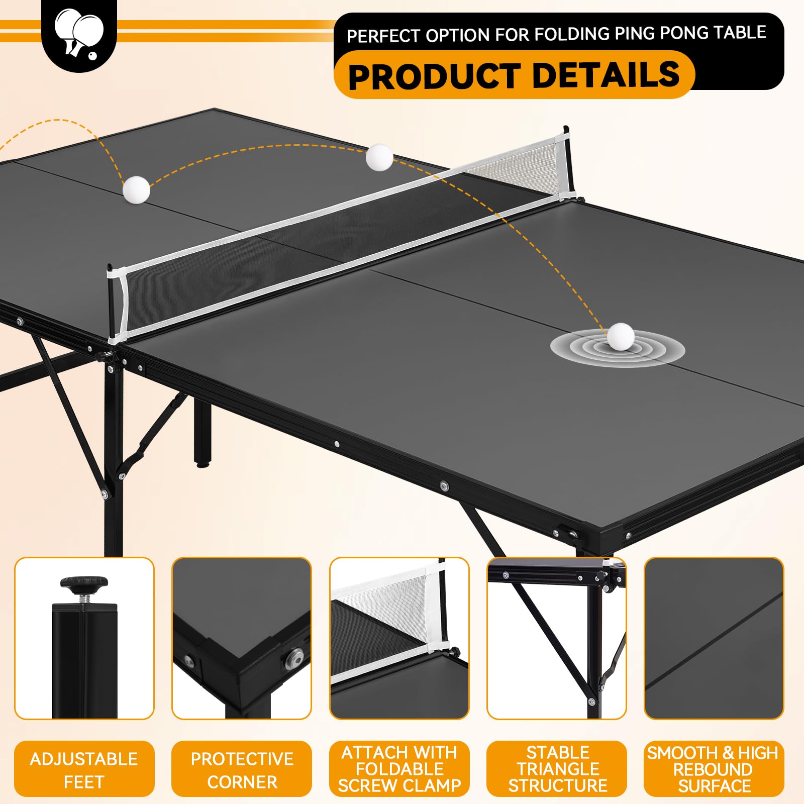 6x3 ft Portable Ping Pong Table - Indoor/Outdoor Folding Table Tennis Set with 2 Paddles, 2 Balls & Adjustable Net | Sturdy Iron Frame for Backyard, Game Room & Patio Fun