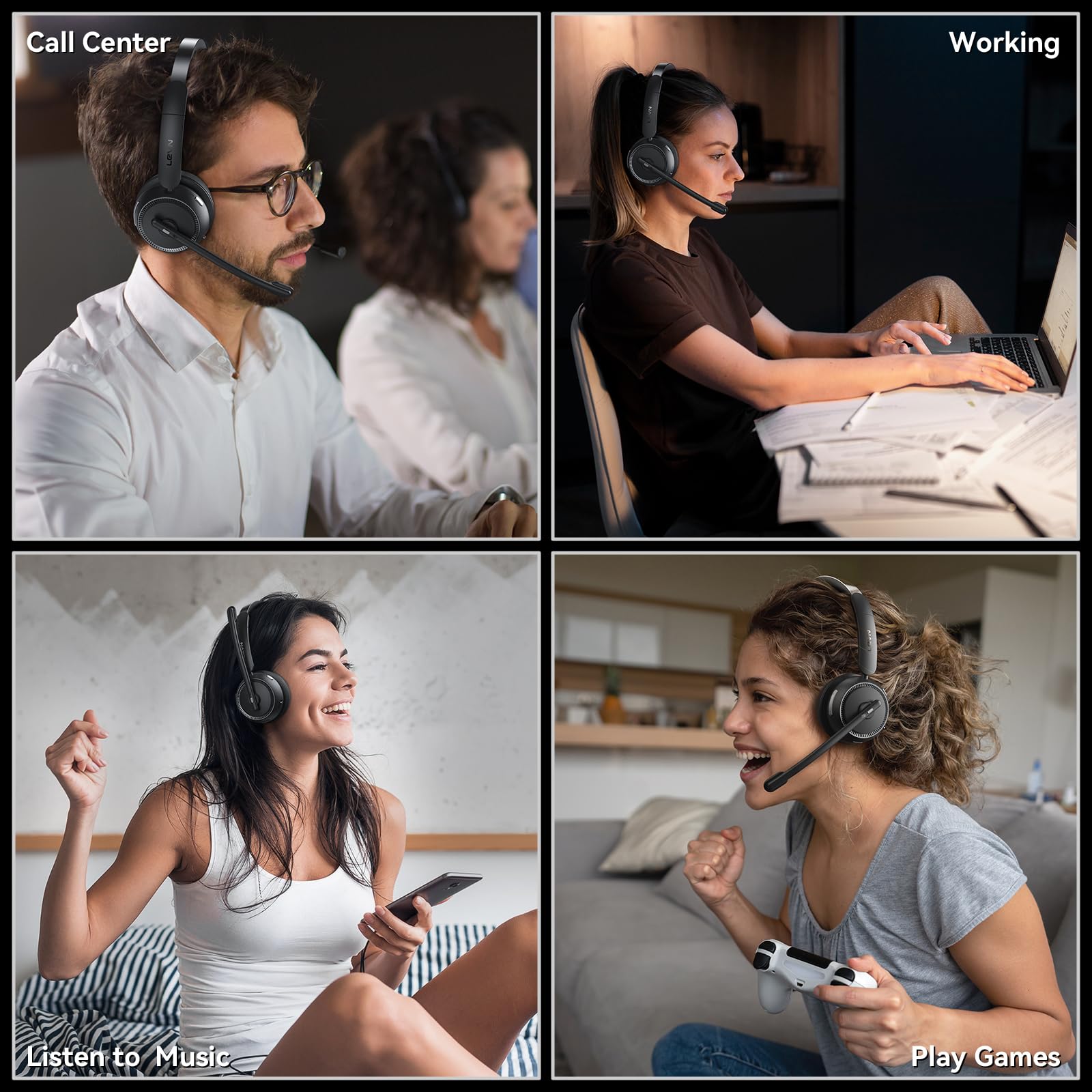 LEVN Wireless Headset with Microphone - Bluetooth Noise Cancelling Headphones for Work & Calls, 65 Hours Battery Life, 2.4G Wireless Headset for PC, Laptop, Call Center, Teams, Zoom Meetings - Perfect for Remote Work, Online Classes & Business Conferencing